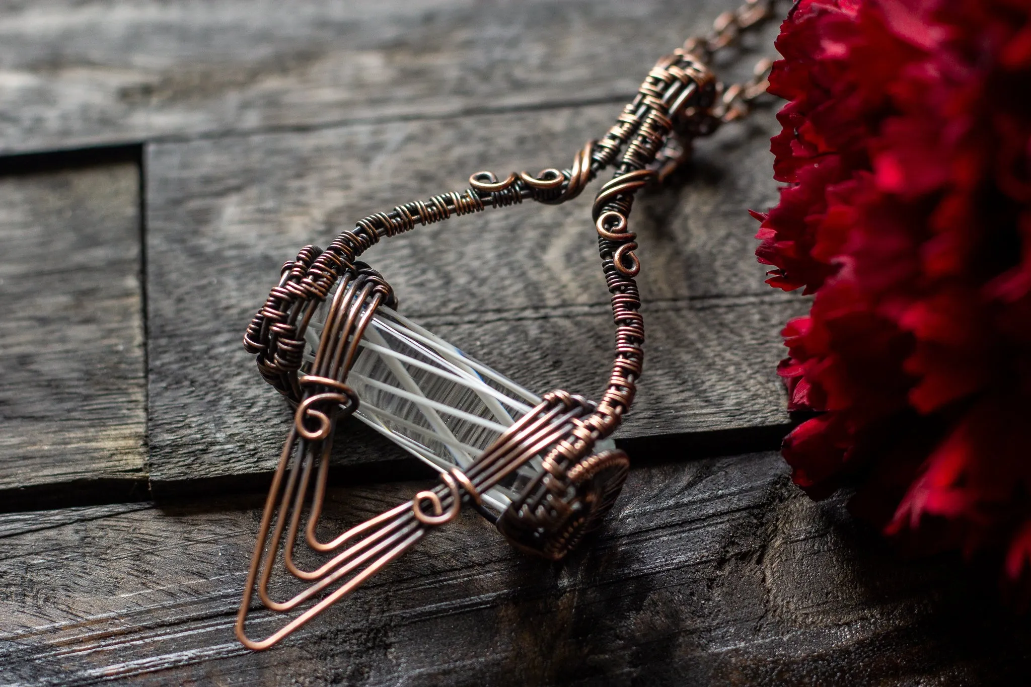 Abstract Copper Wire Wrapped Pendant with Transparent White Striped Pattern Rod