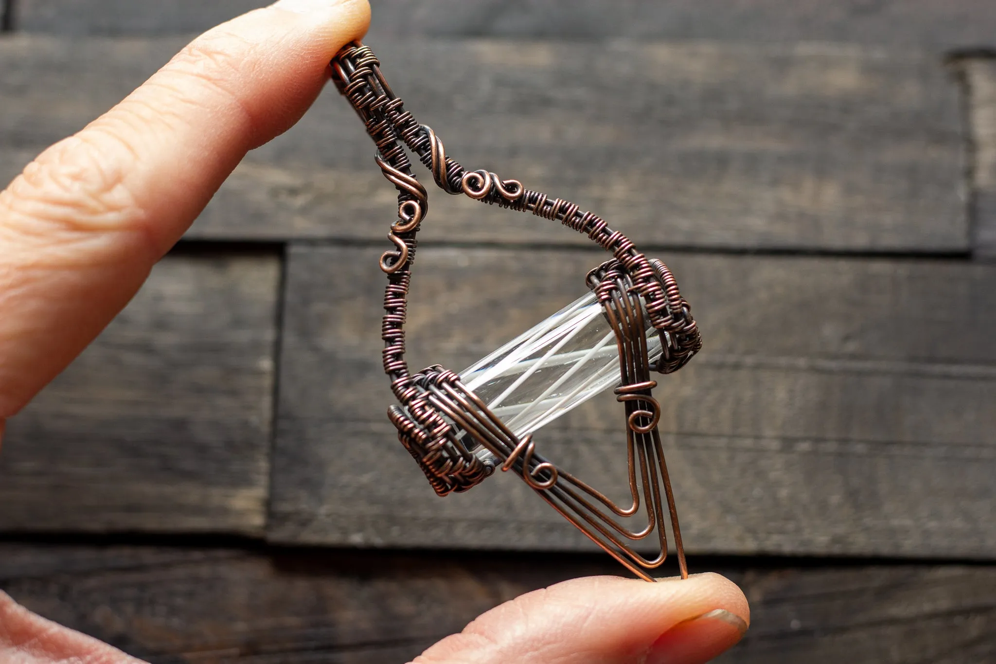 Abstract Copper Wire Wrapped Pendant with Transparent White Striped Pattern Rod