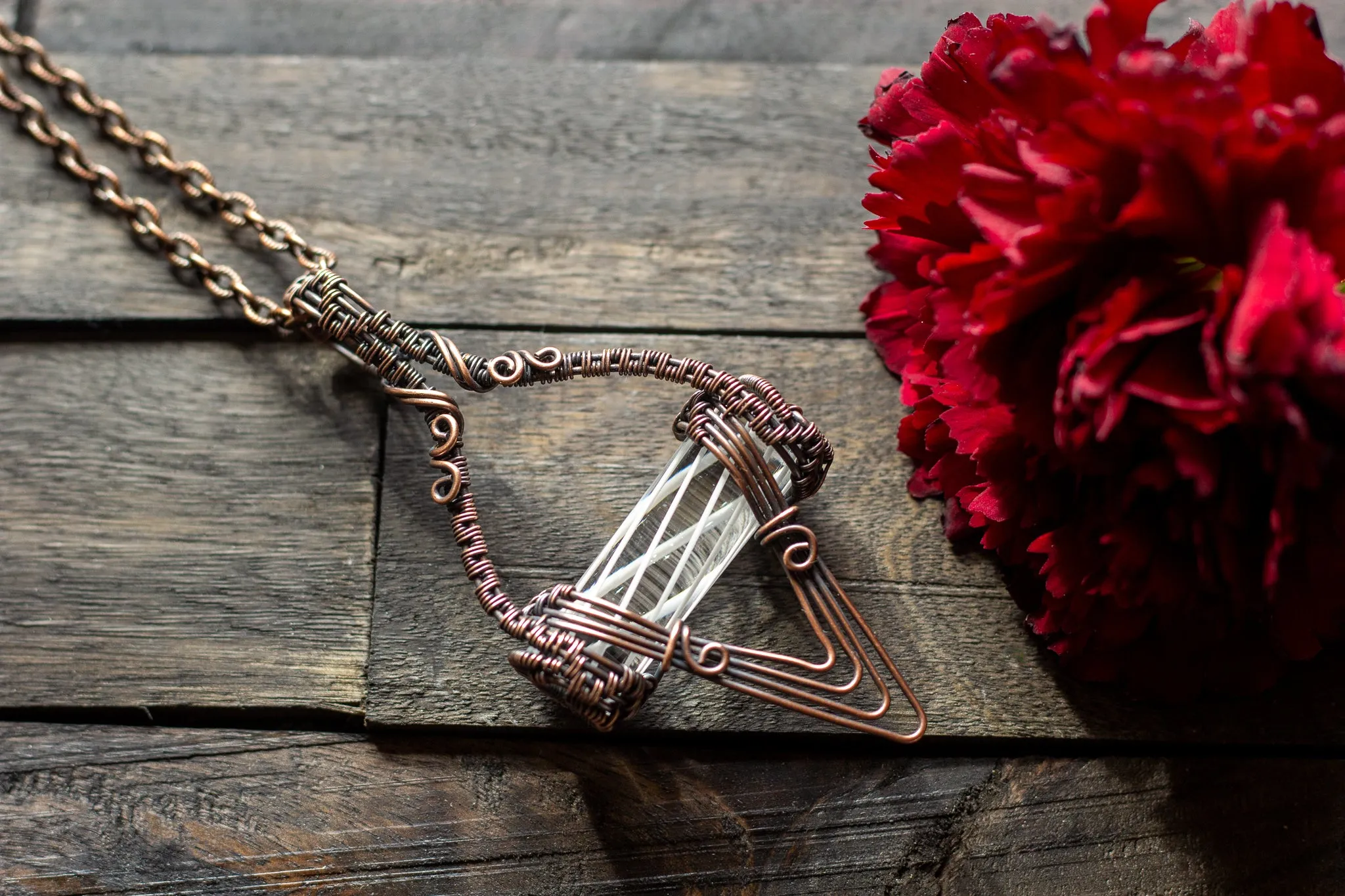 Abstract Copper Wire Wrapped Pendant with Transparent White Striped Pattern Rod
