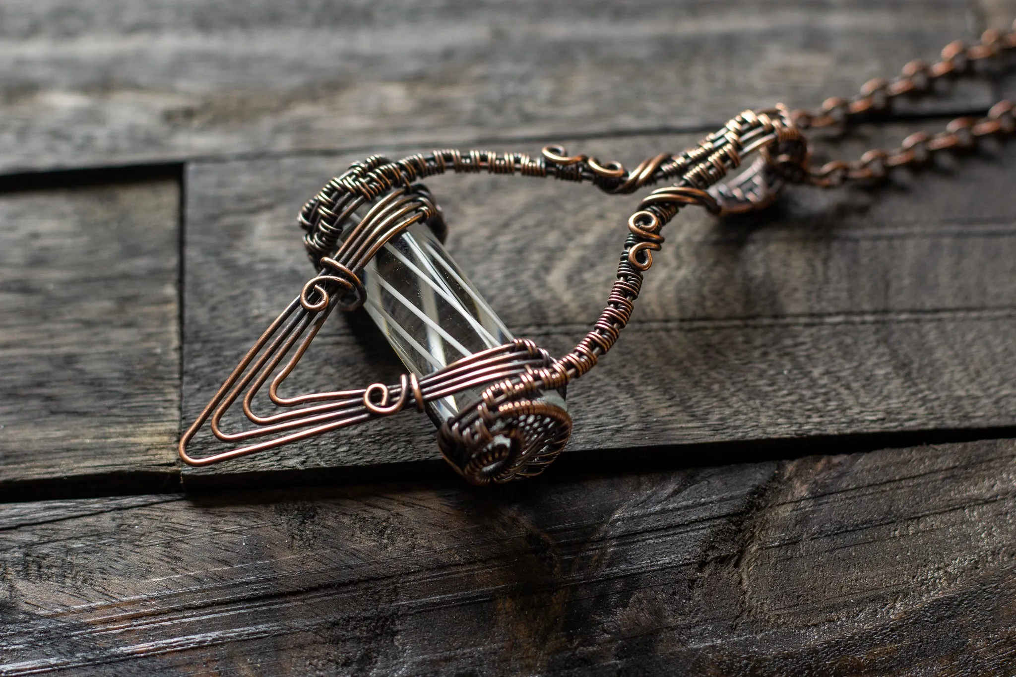 Abstract Copper Wire Wrapped Pendant with Transparent White Striped Pattern Rod