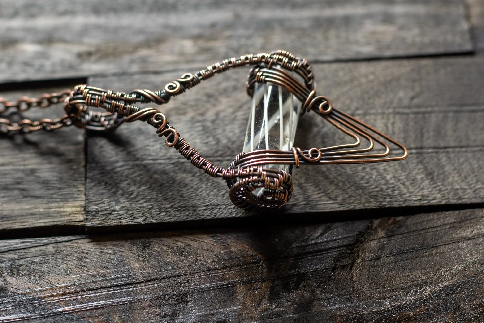 Abstract Copper Wire Wrapped Pendant with Transparent White Striped Pattern Rod