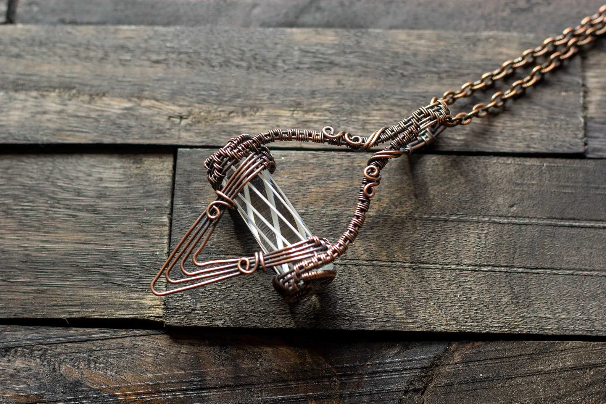 Abstract Copper Wire Wrapped Pendant with Transparent White Striped Pattern Rod