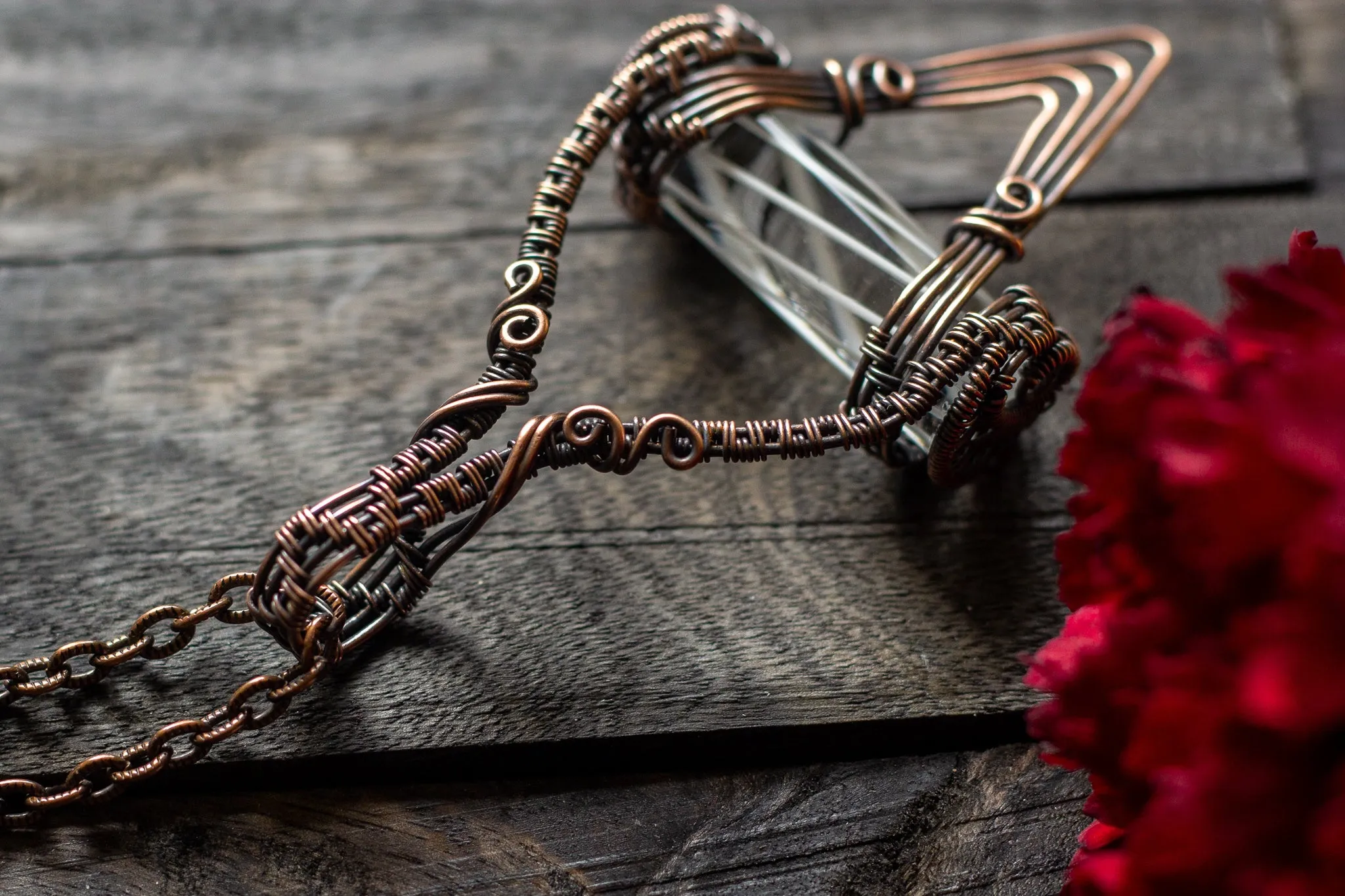 Abstract Copper Wire Wrapped Pendant with Transparent White Striped Pattern Rod