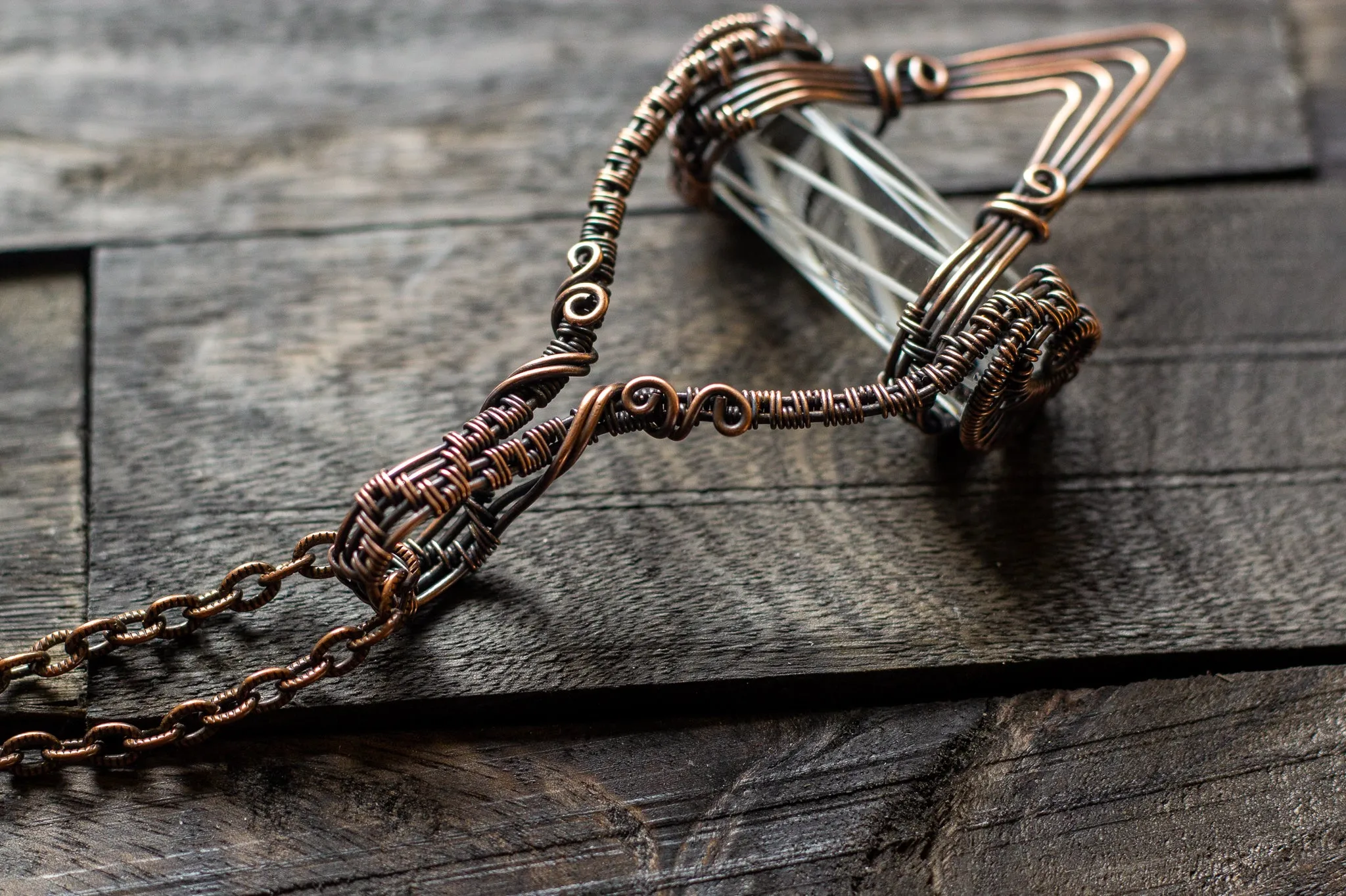 Abstract Copper Wire Wrapped Pendant with Transparent White Striped Pattern Rod