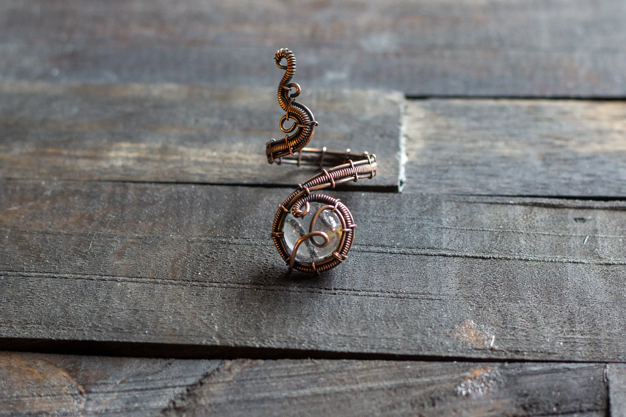 Adjustable Copper Ring with Transparent Fused Glass Accent