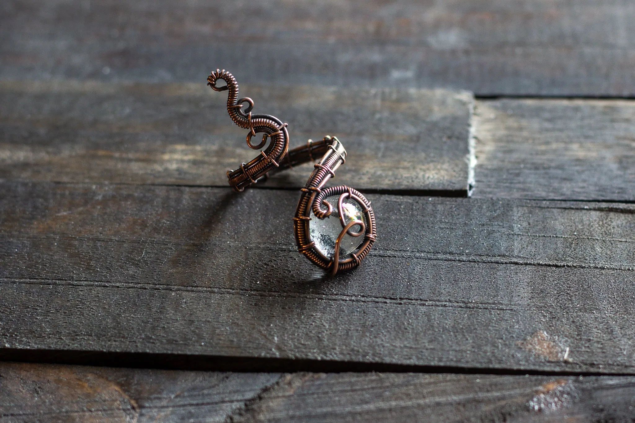 Adjustable Copper Ring with Transparent Fused Glass Accent