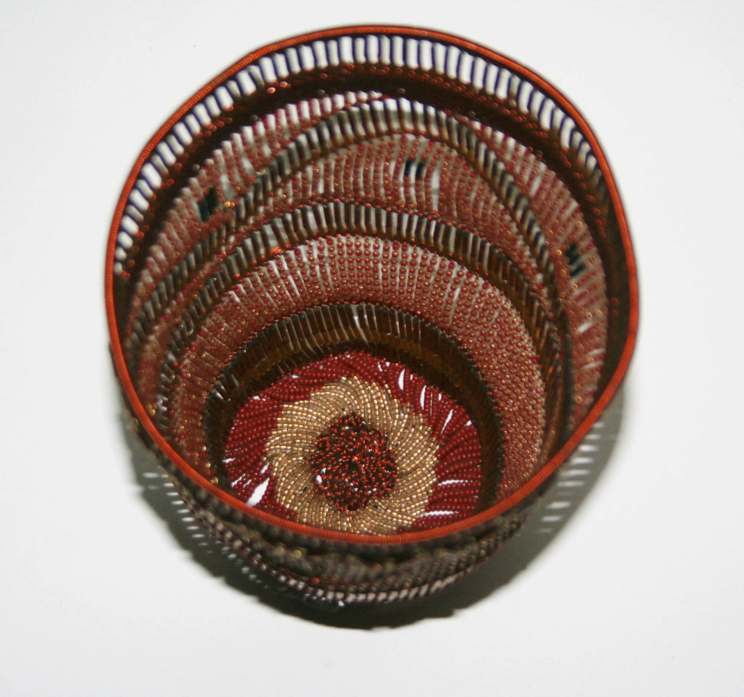 African Copper Basket Open Copper Wire and Glass Beads, Copper, White, Brown  4.5"D X 6"H South African Zulu Bowl Art