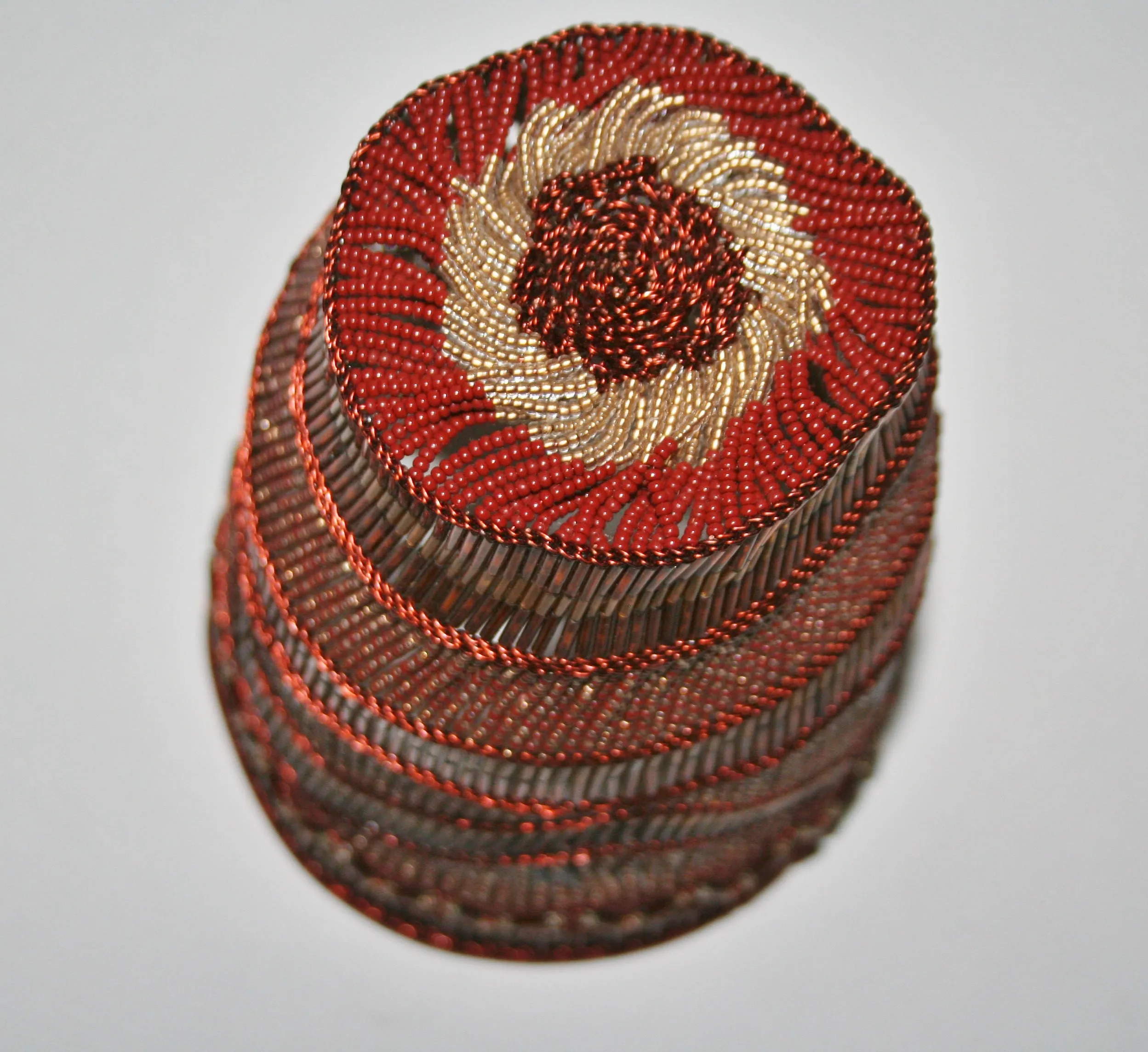 African Copper Basket Open Copper Wire and Glass Beads, Copper, White, Brown  4.5"D X 6"H South African Zulu Bowl Art