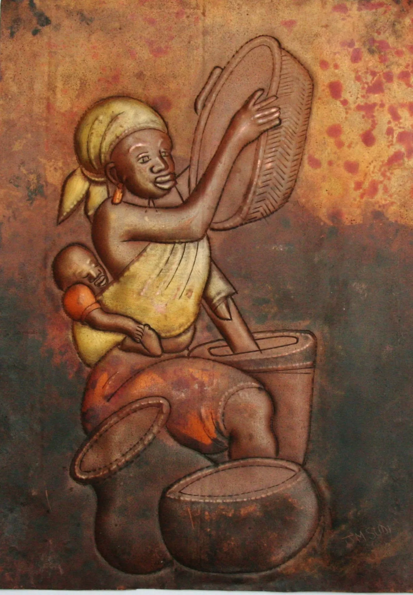 African Copper Relief Art Tribal Mother Preparing Pots Baby on Back 10.5"H X 7.5"W Vintage Handcrafted in the Congo
