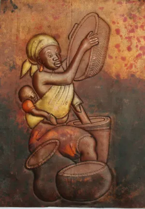 African Copper Relief Art Tribal Mother Preparing Pots Baby on Back 10.5"H X 7.5"W Vintage Handcrafted in the Congo