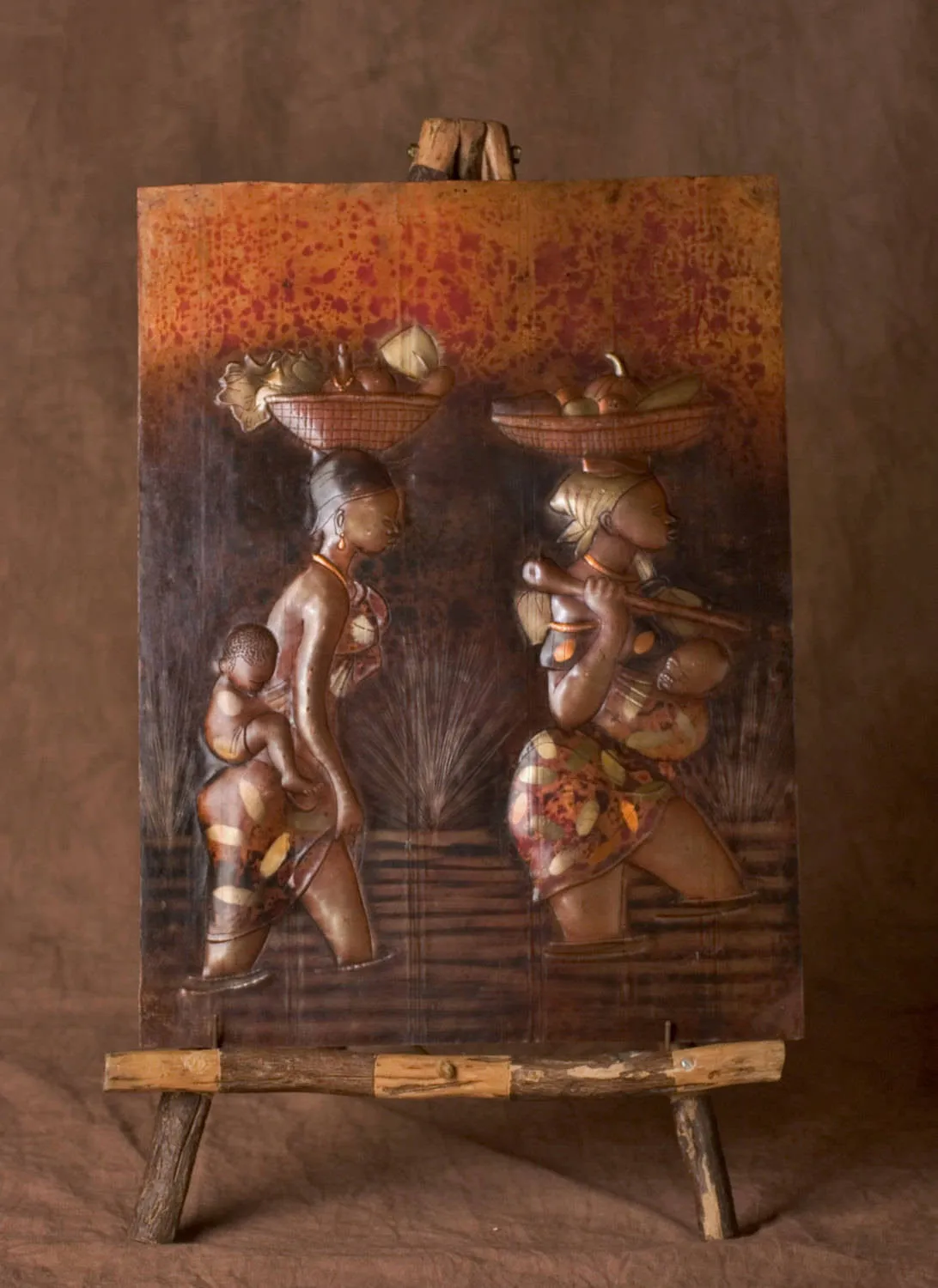 African Copper Relief Art Tribal Mother Preparing Pots Baby on Back 10.5"H X 7.5"W Vintage Handcrafted in the Congo