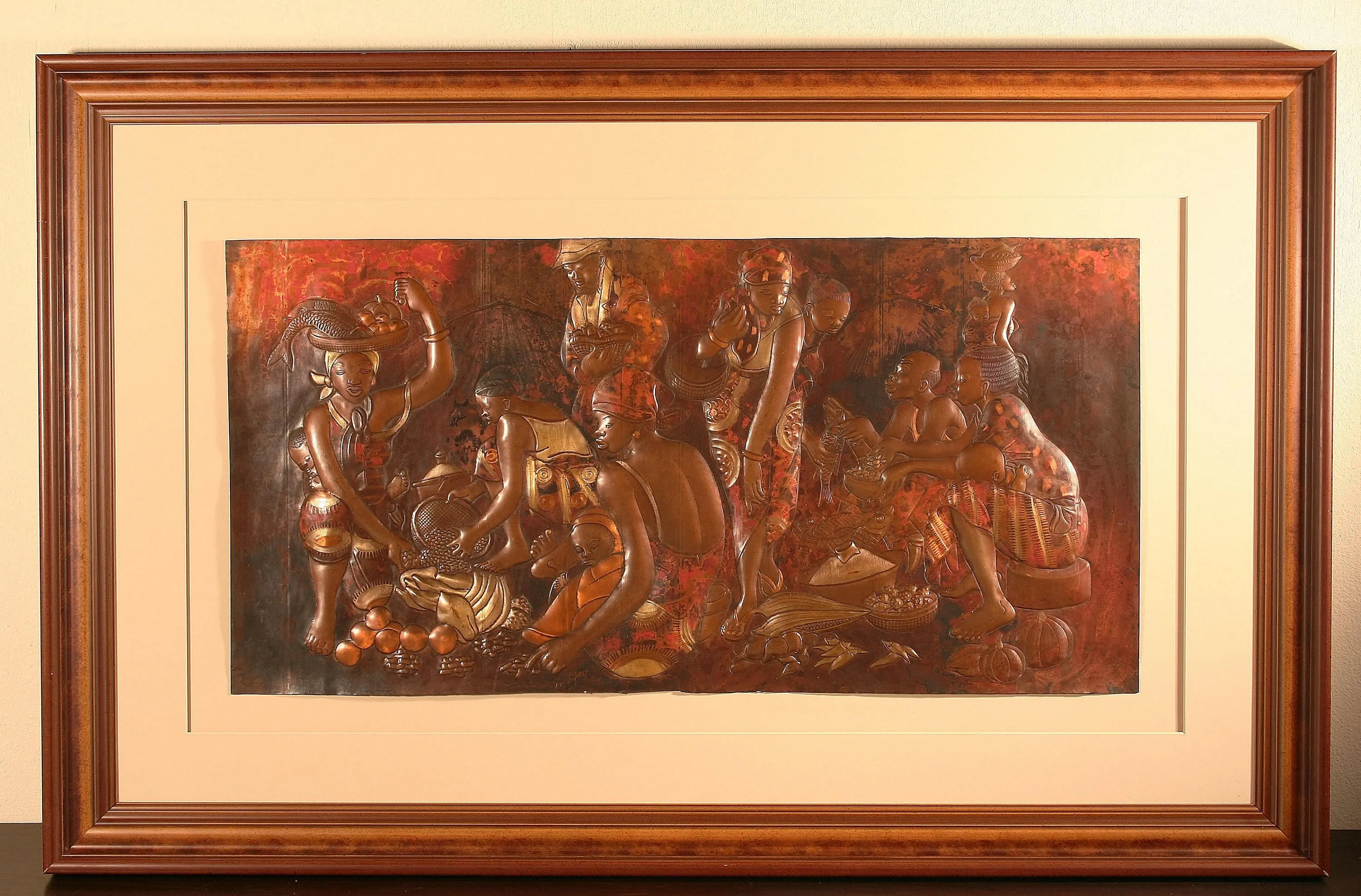 African Copper Relief Art Tribal Mother Preparing Pots Baby on Back 10.5"H X 7.5"W Vintage Handcrafted in the Congo