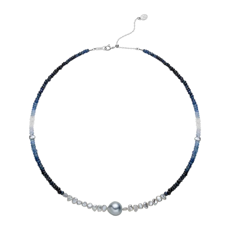 Akoya Baroque Keshi 18K Gold Black Diamond Sapphire Ombre Necklace