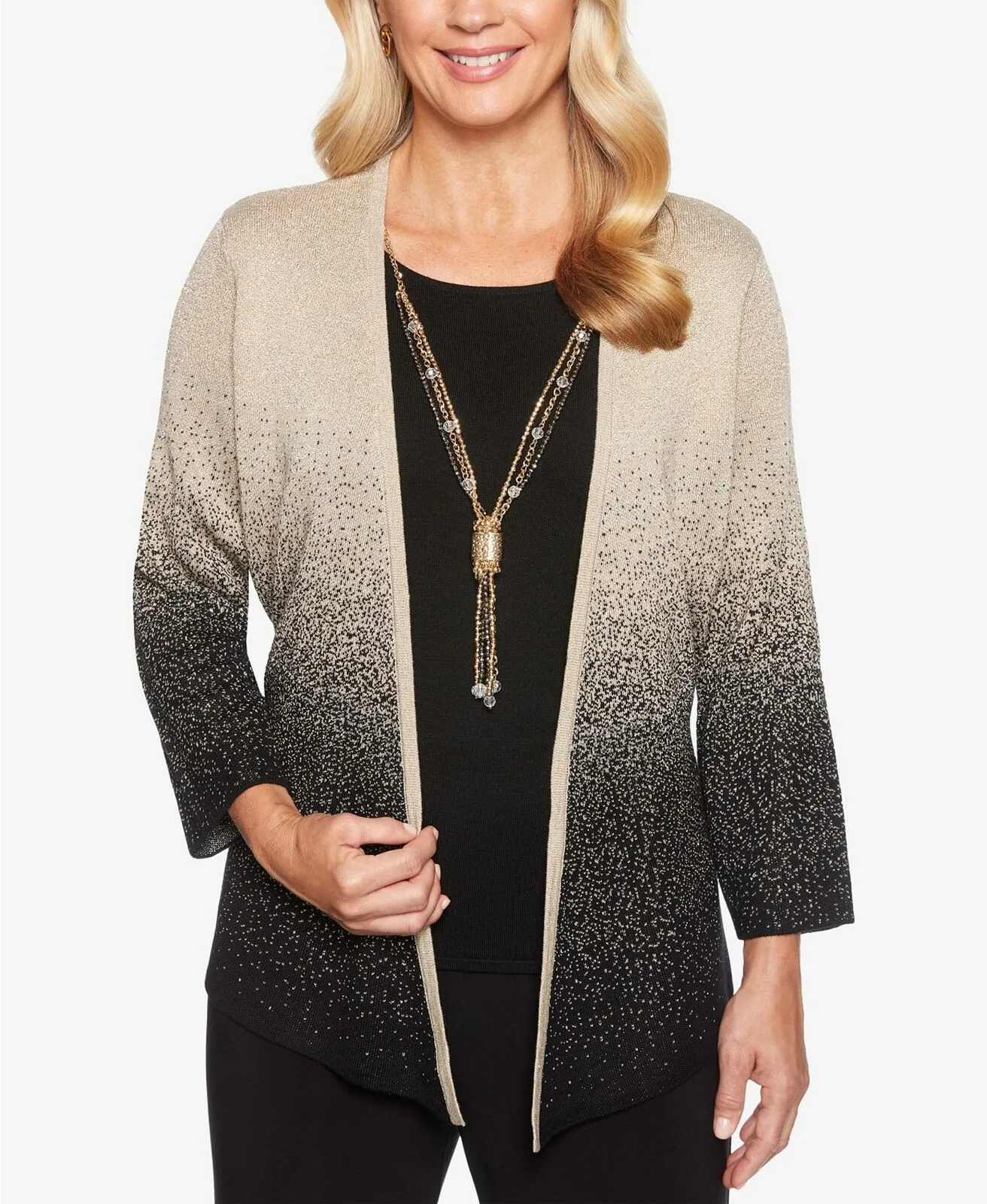 Alfred Dunner Shining Moments Ombre Metallic Layered Cardigan Top Gold Small