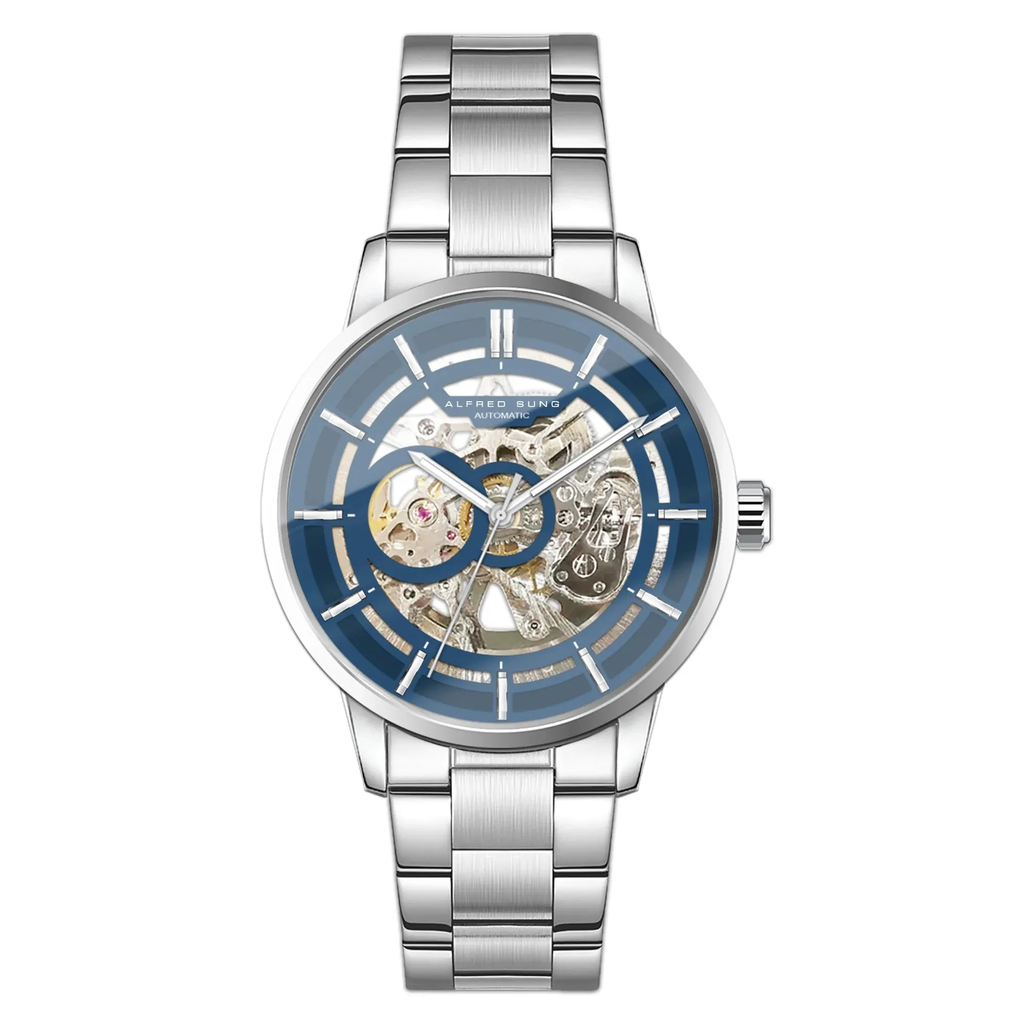 Alfred Sung Automatic III Blue Skeleton Dial Silver Bracelet Men's watch