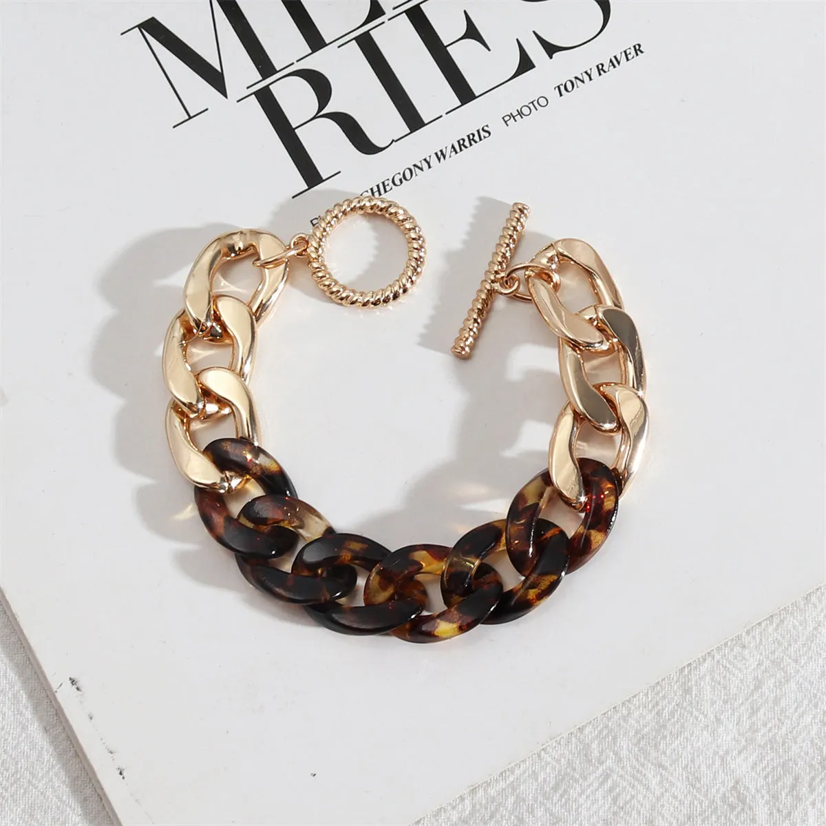 Amber Resin & 18K Gold-Plated Curb Chain Toggle Bracelet