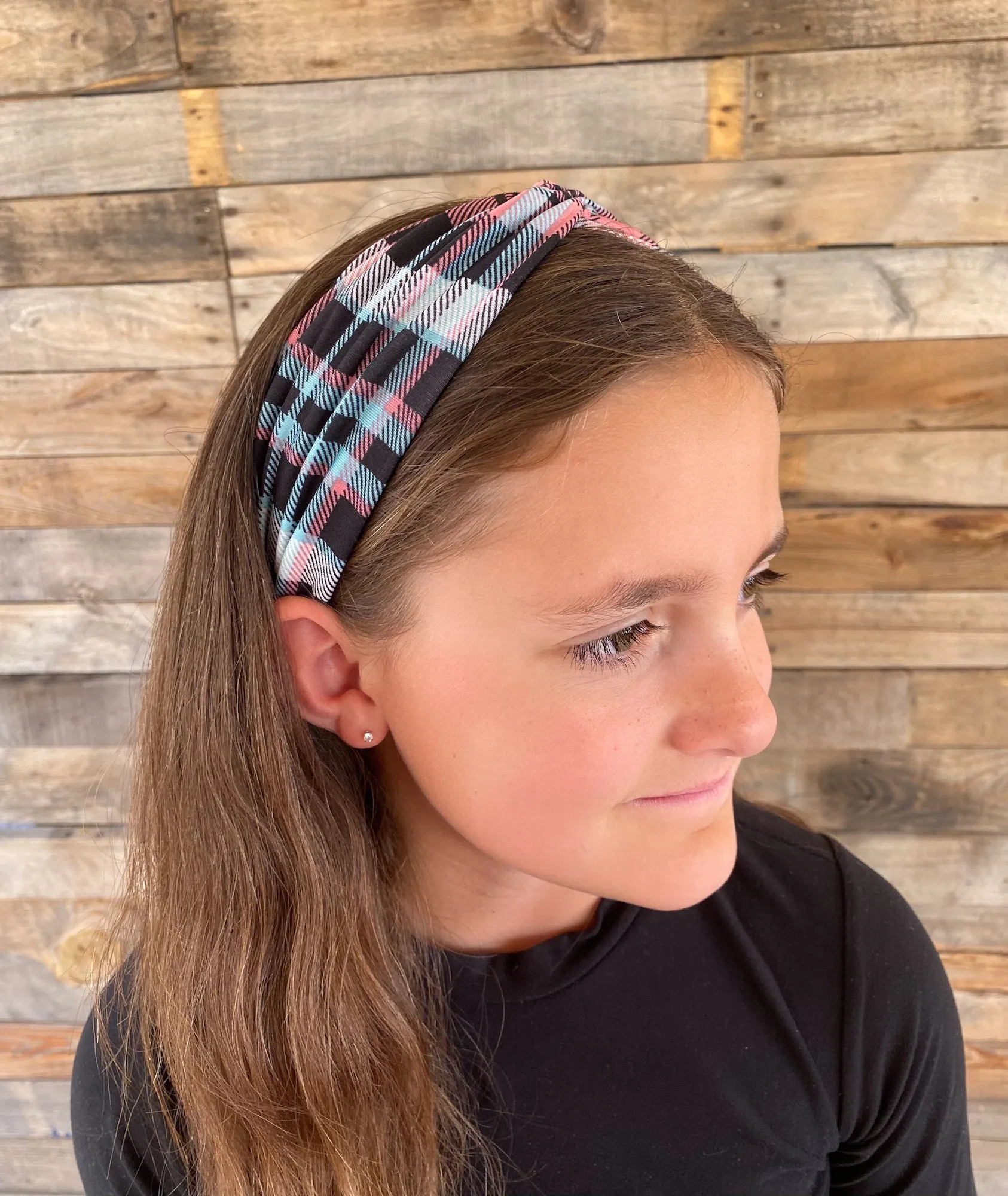 Aqua, Pink, and Black Plaid Ice Faux Knot Headband