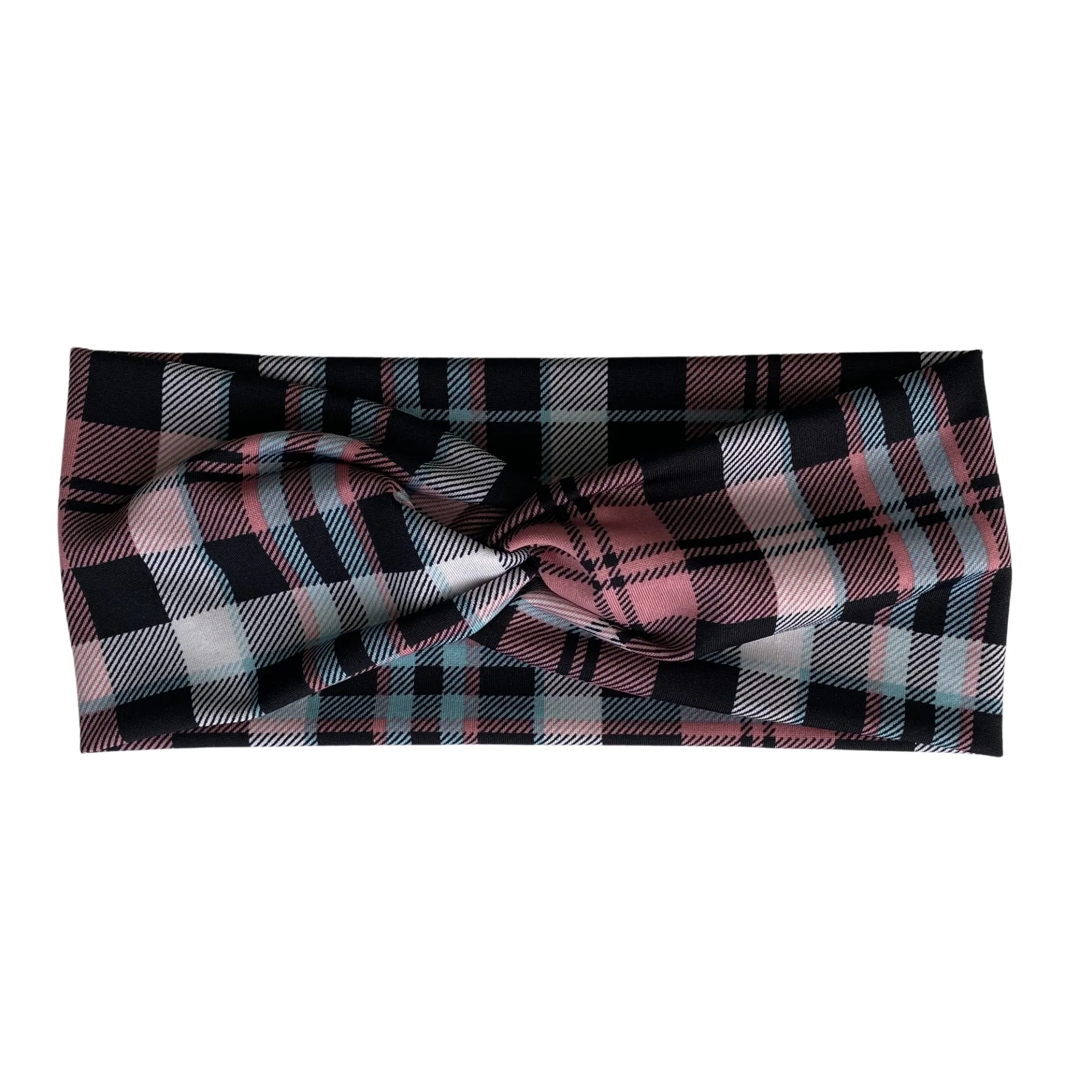 Aqua, Pink, and Black Plaid Ice Faux Knot Headband
