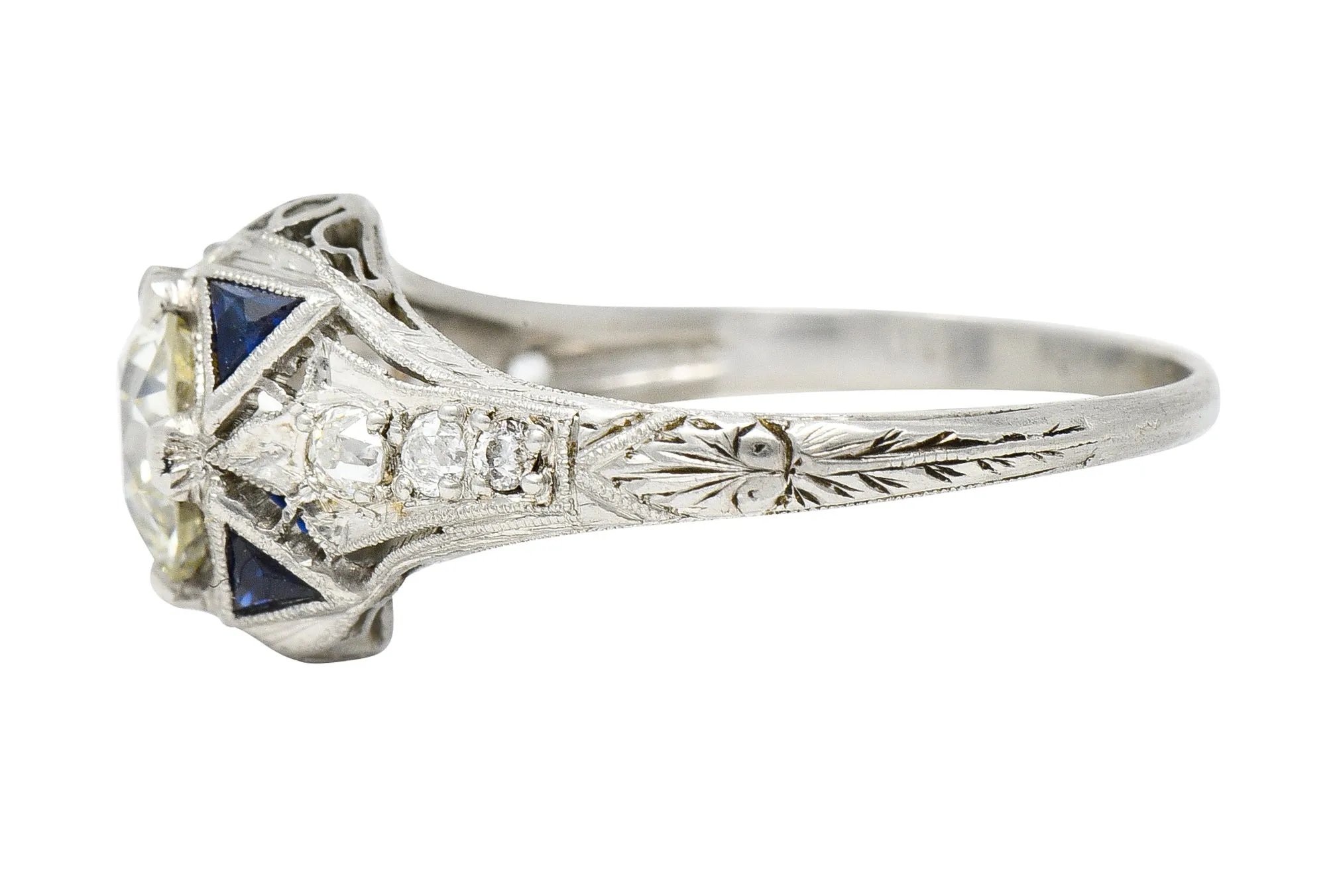 Art Deco 1.27 CTW Old European Cut Diamond Sapphire Platinum Lotus Foliate Engagement Ring