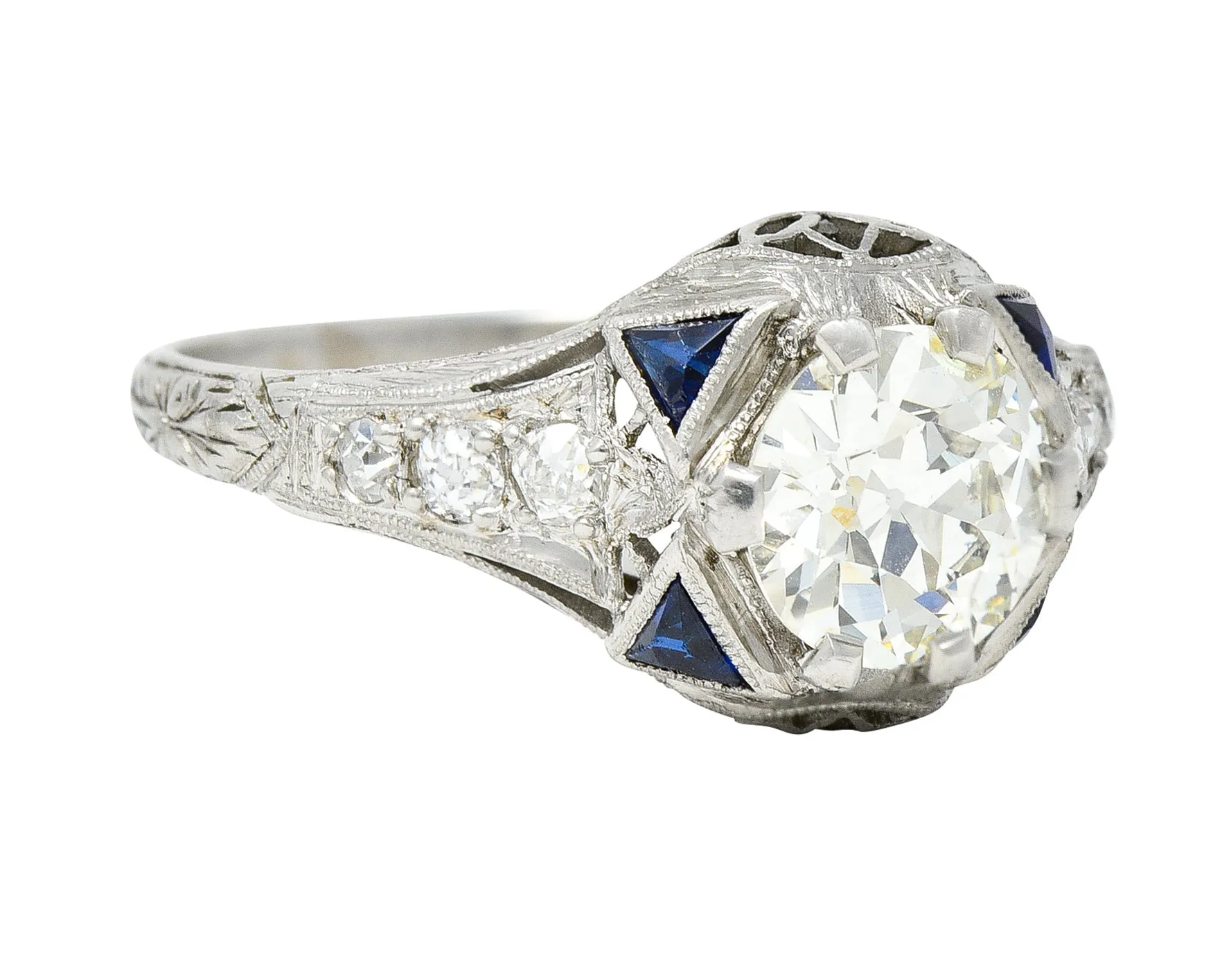 Art Deco 1.27 CTW Old European Cut Diamond Sapphire Platinum Lotus Foliate Engagement Ring