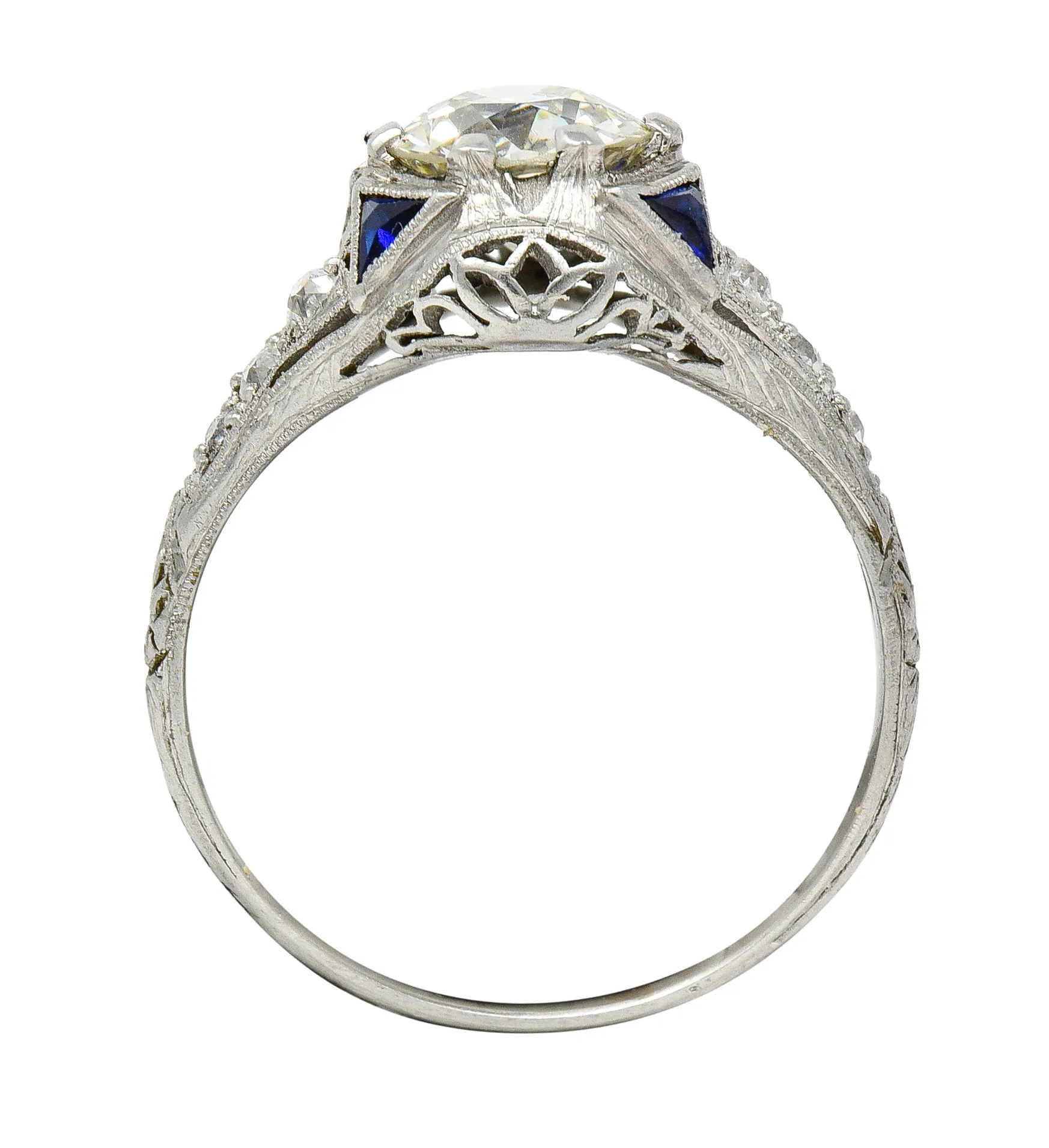 Art Deco 1.27 CTW Old European Cut Diamond Sapphire Platinum Lotus Foliate Engagement Ring