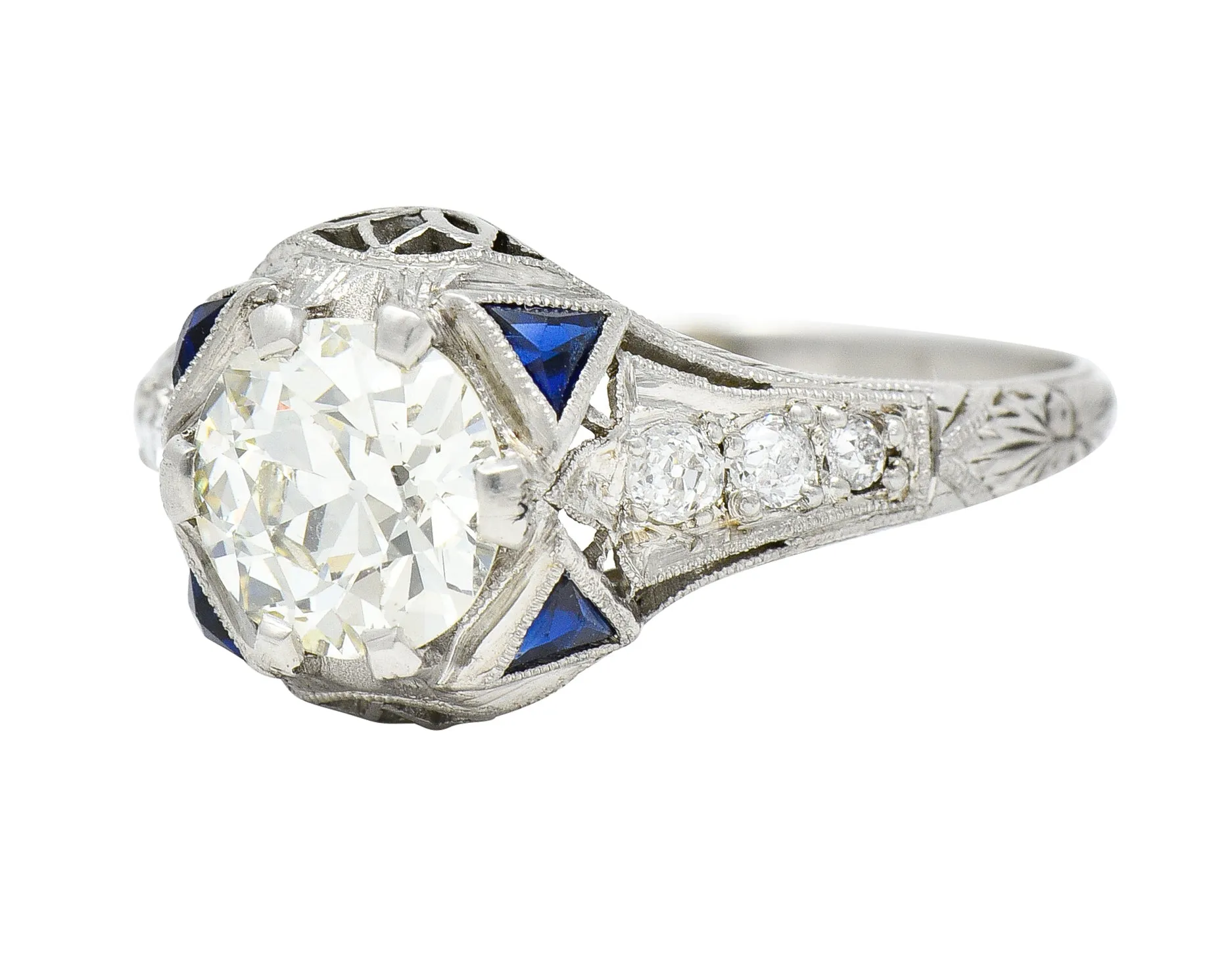 Art Deco 1.27 CTW Old European Cut Diamond Sapphire Platinum Lotus Foliate Engagement Ring