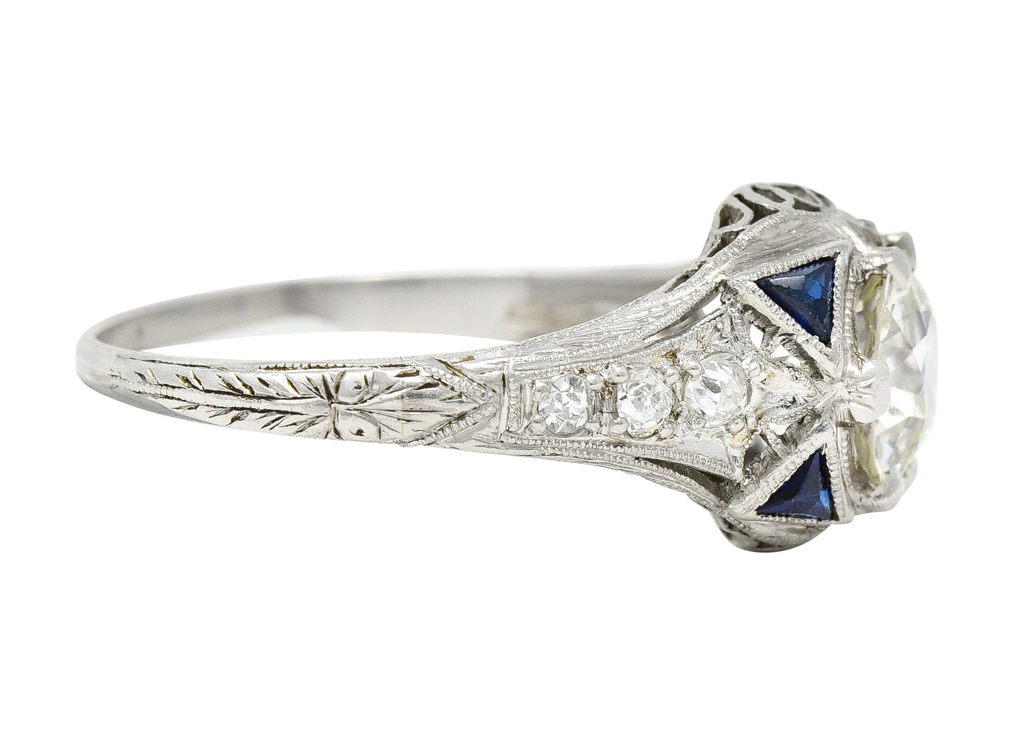 Art Deco 1.27 CTW Old European Cut Diamond Sapphire Platinum Lotus Foliate Engagement Ring