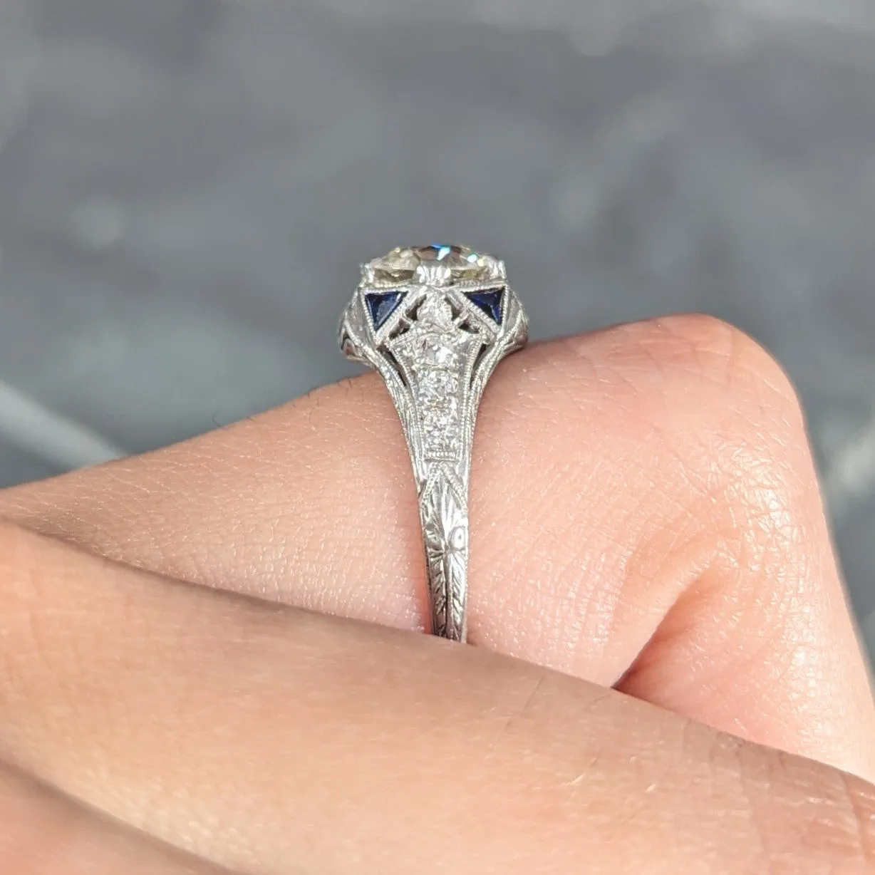 Art Deco 1.27 CTW Old European Cut Diamond Sapphire Platinum Lotus Foliate Engagement Ring