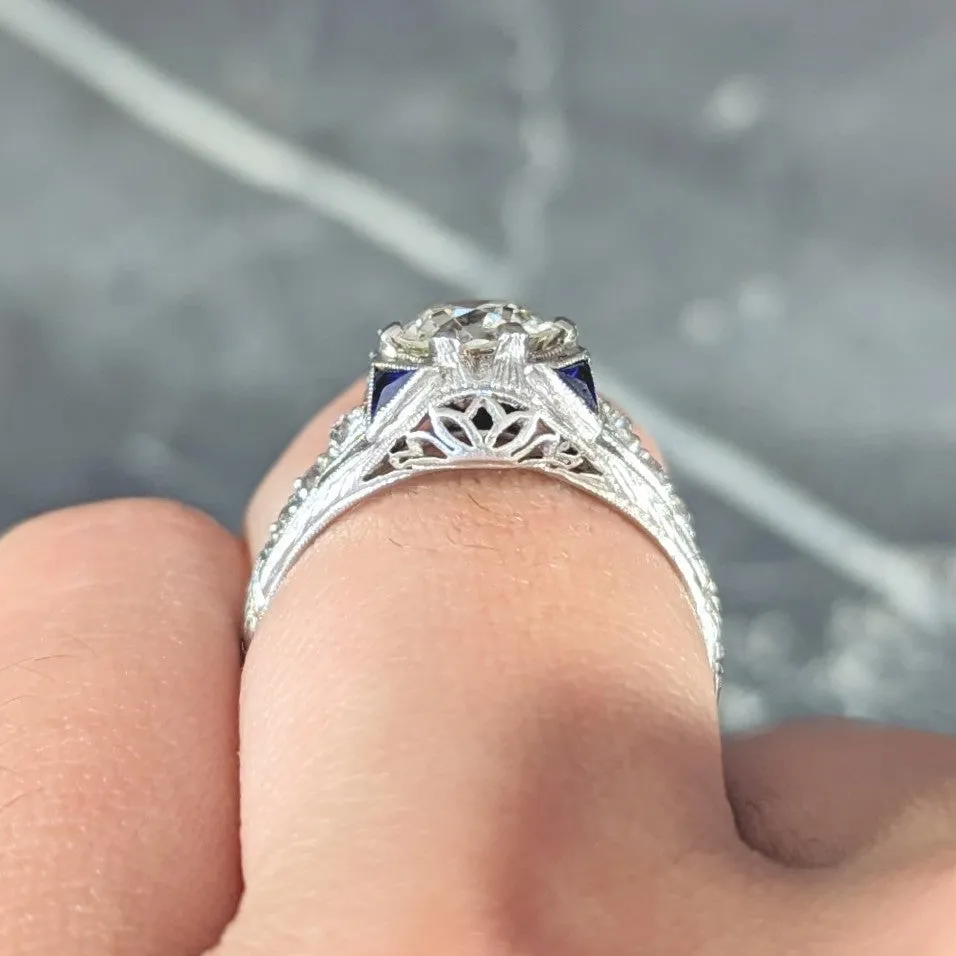 Art Deco 1.27 CTW Old European Cut Diamond Sapphire Platinum Lotus Foliate Engagement Ring