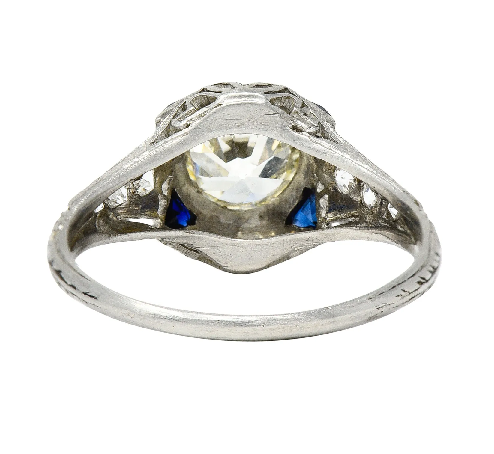 Art Deco 1.27 CTW Old European Cut Diamond Sapphire Platinum Lotus Foliate Engagement Ring