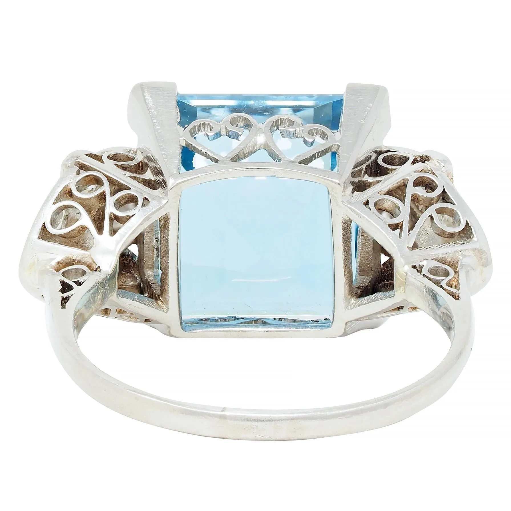 Art Deco 9.01 CTW Step Cut Aquamarine Diamond Platinum Vintage Heart Cocktail Ring