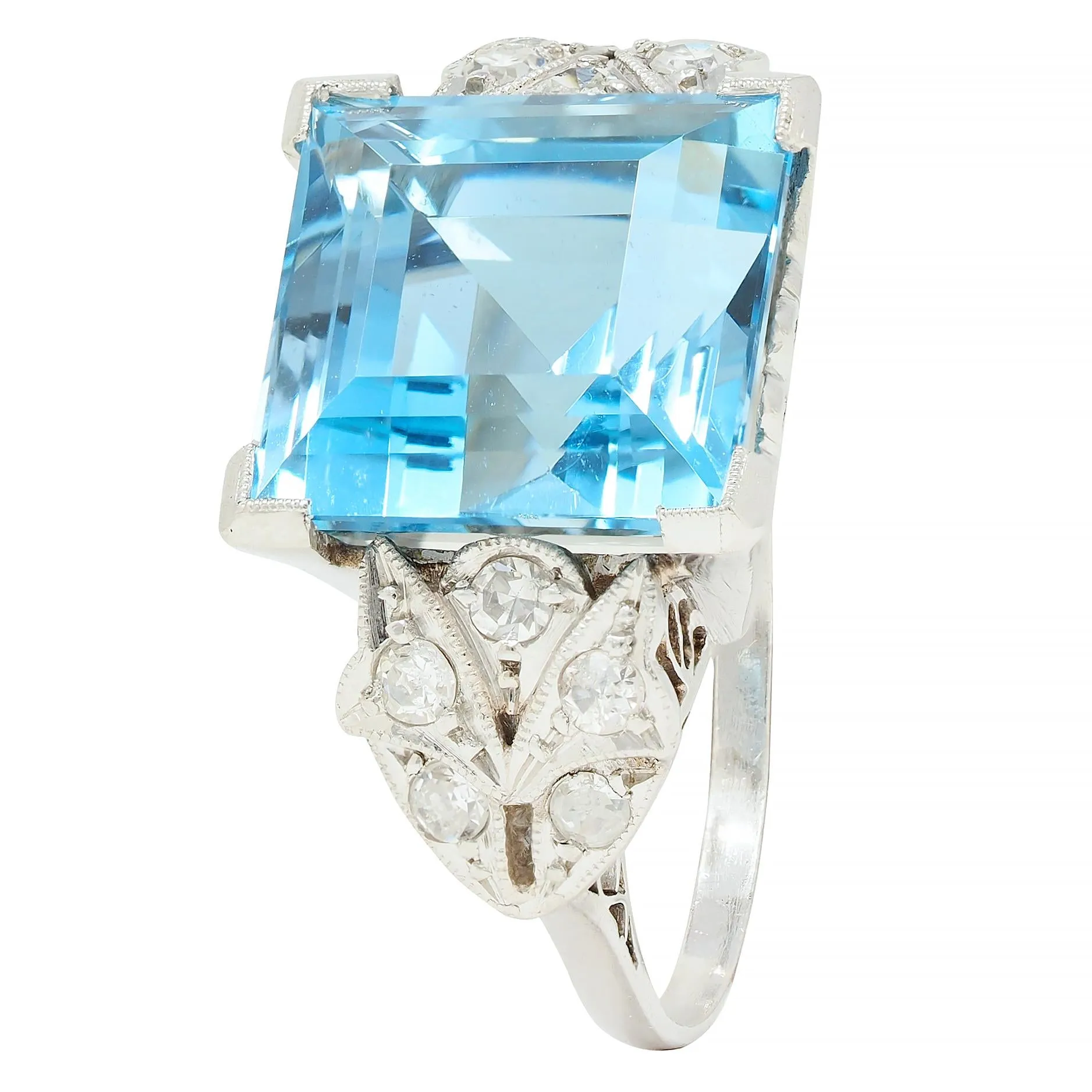 Art Deco 9.01 CTW Step Cut Aquamarine Diamond Platinum Vintage Heart Cocktail Ring