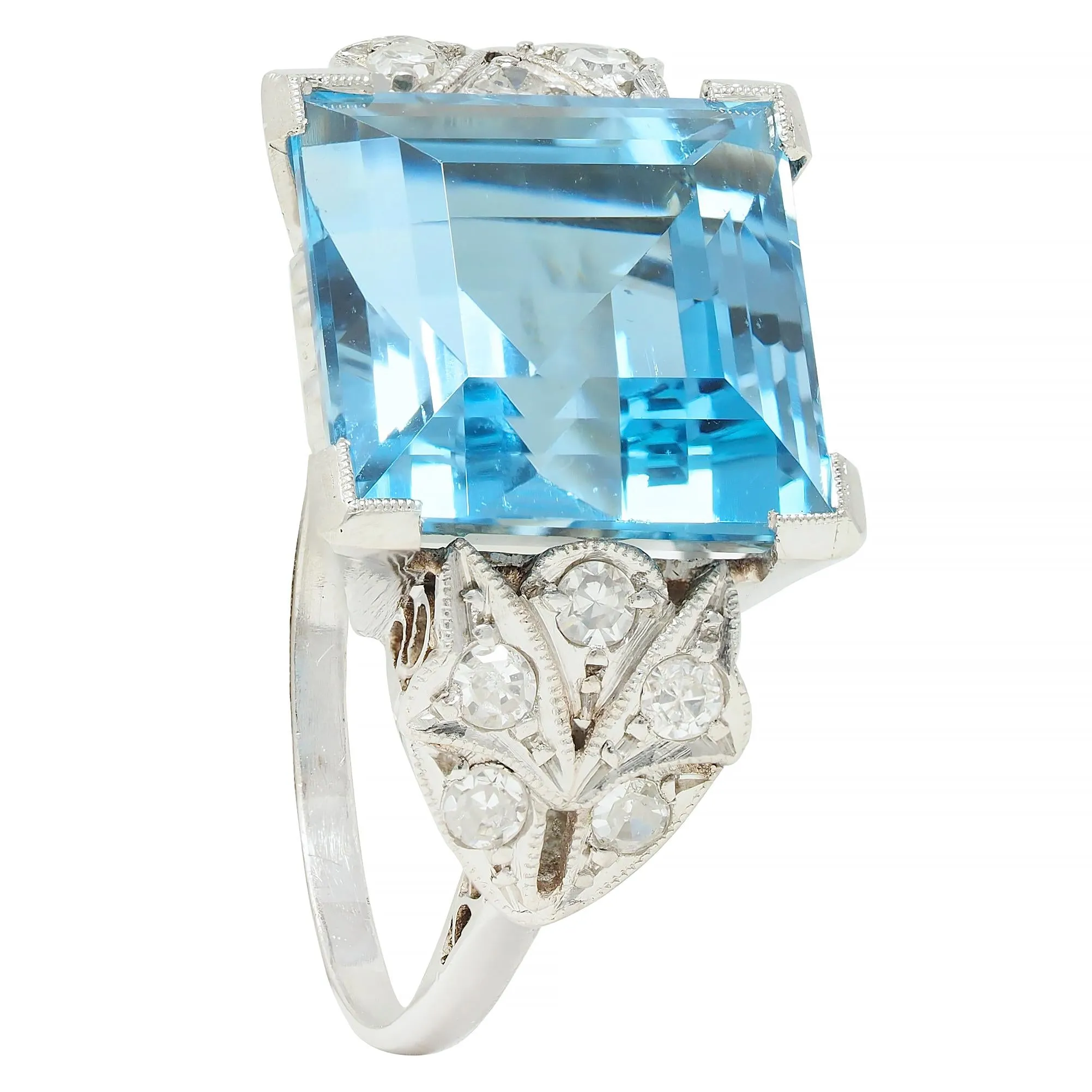 Art Deco 9.01 CTW Step Cut Aquamarine Diamond Platinum Vintage Heart Cocktail Ring