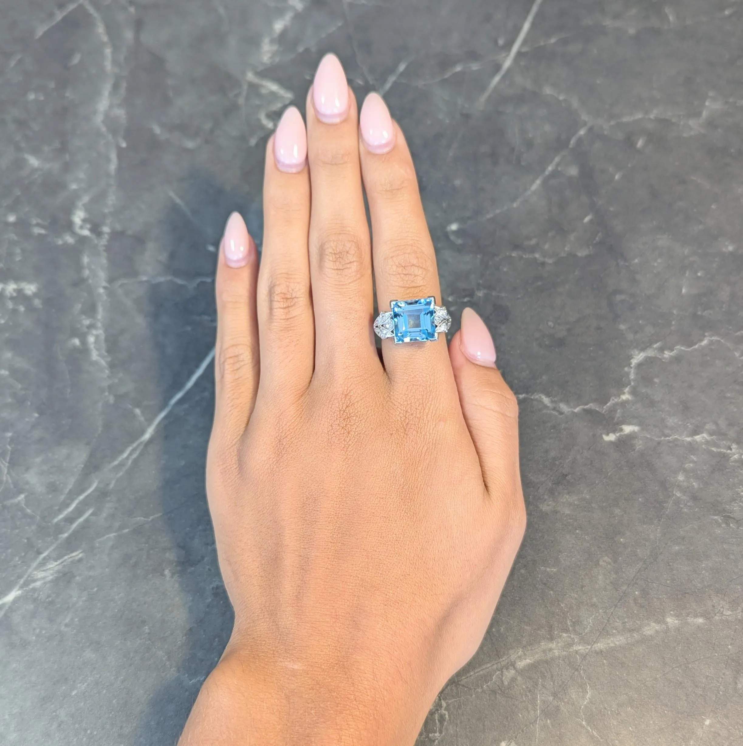 Art Deco 9.01 CTW Step Cut Aquamarine Diamond Platinum Vintage Heart Cocktail Ring
