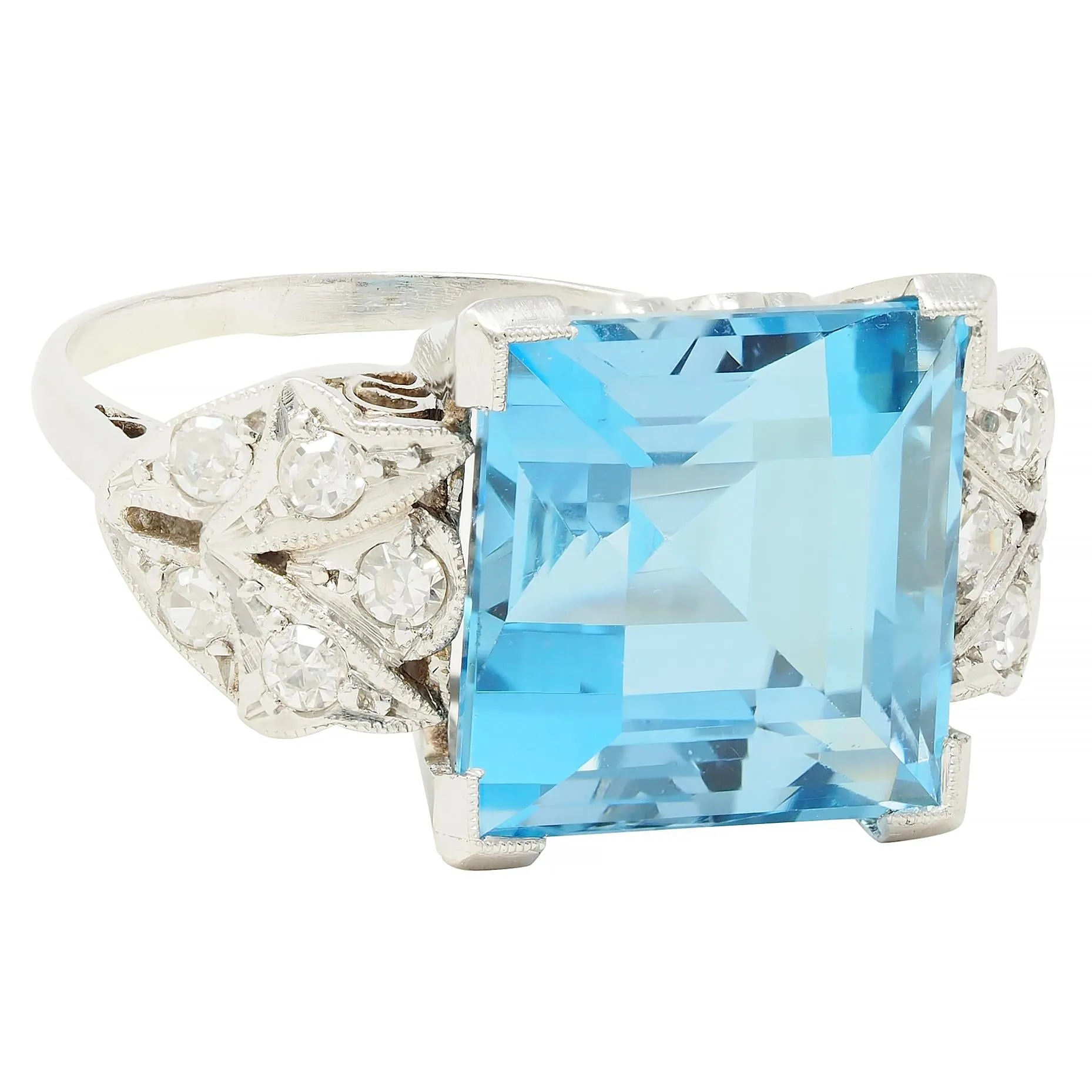 Art Deco 9.01 CTW Step Cut Aquamarine Diamond Platinum Vintage Heart Cocktail Ring