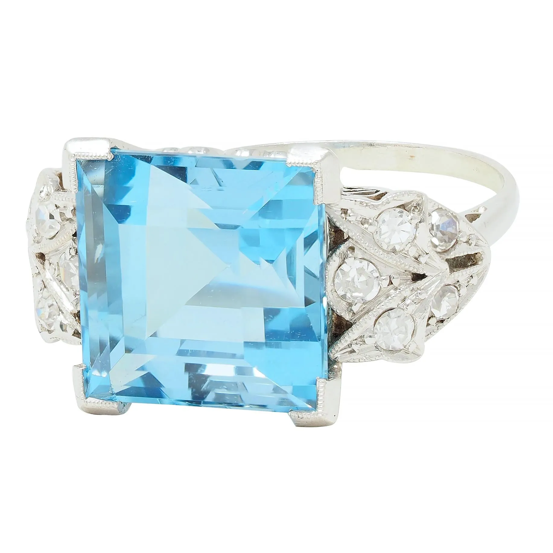 Art Deco 9.01 CTW Step Cut Aquamarine Diamond Platinum Vintage Heart Cocktail Ring