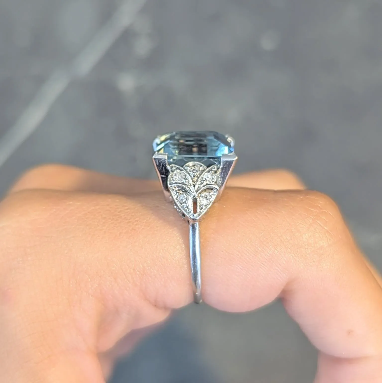 Art Deco 9.01 CTW Step Cut Aquamarine Diamond Platinum Vintage Heart Cocktail Ring