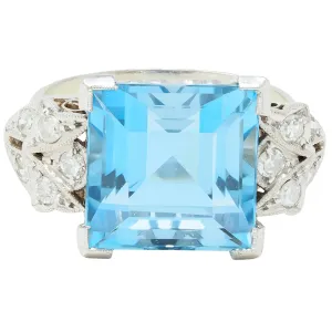 Art Deco 9.01 CTW Step Cut Aquamarine Diamond Platinum Vintage Heart Cocktail Ring