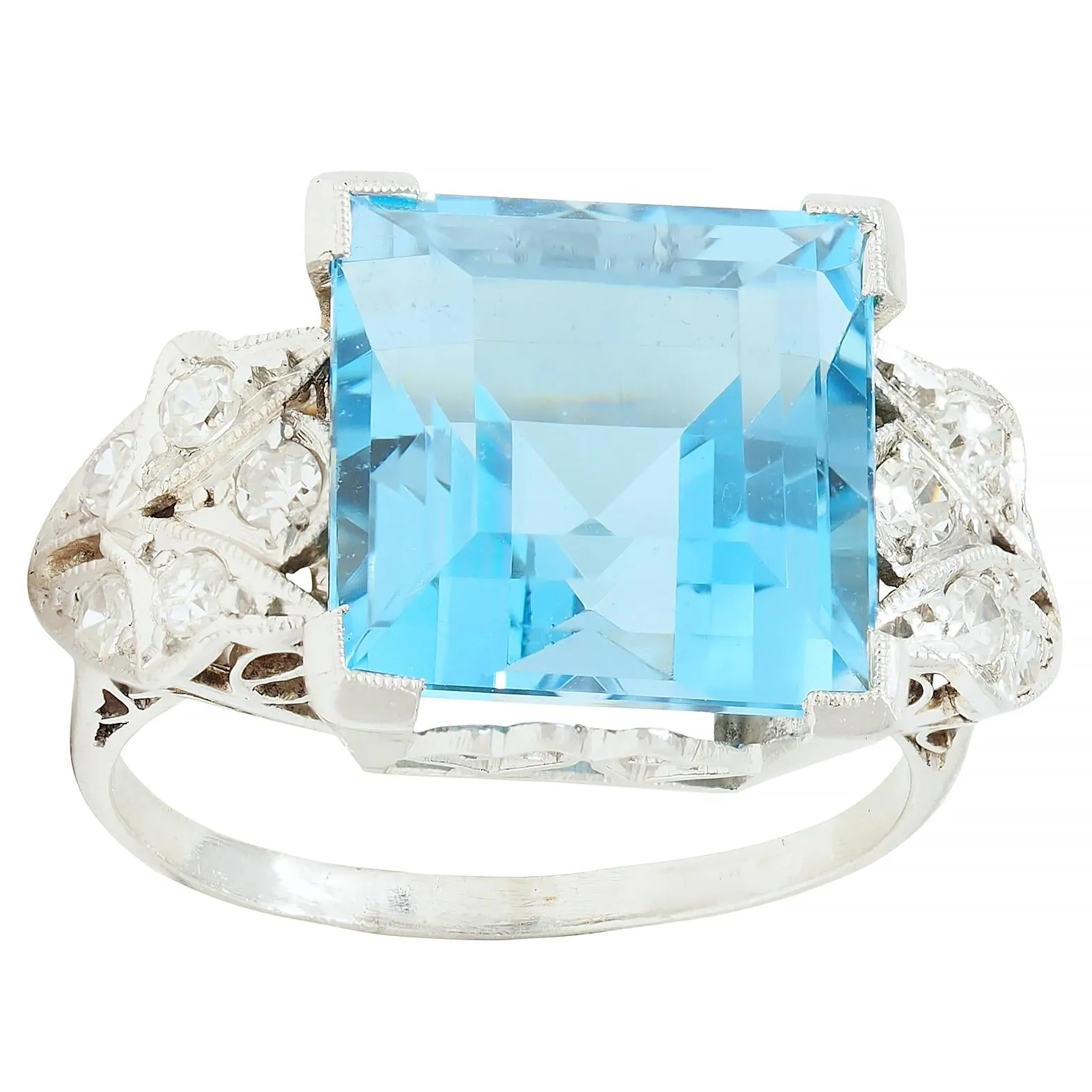 Art Deco 9.01 CTW Step Cut Aquamarine Diamond Platinum Vintage Heart Cocktail Ring
