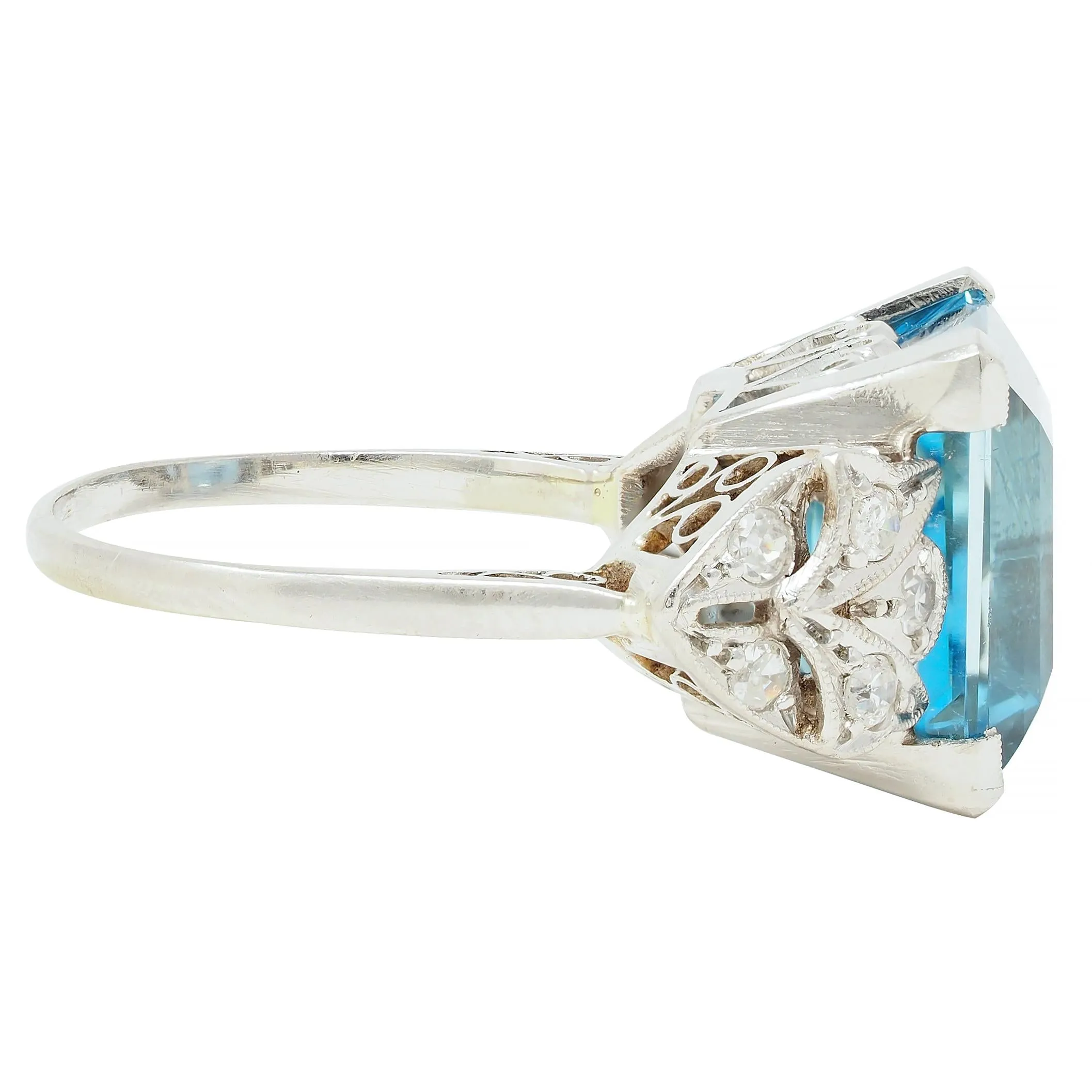 Art Deco 9.01 CTW Step Cut Aquamarine Diamond Platinum Vintage Heart Cocktail Ring
