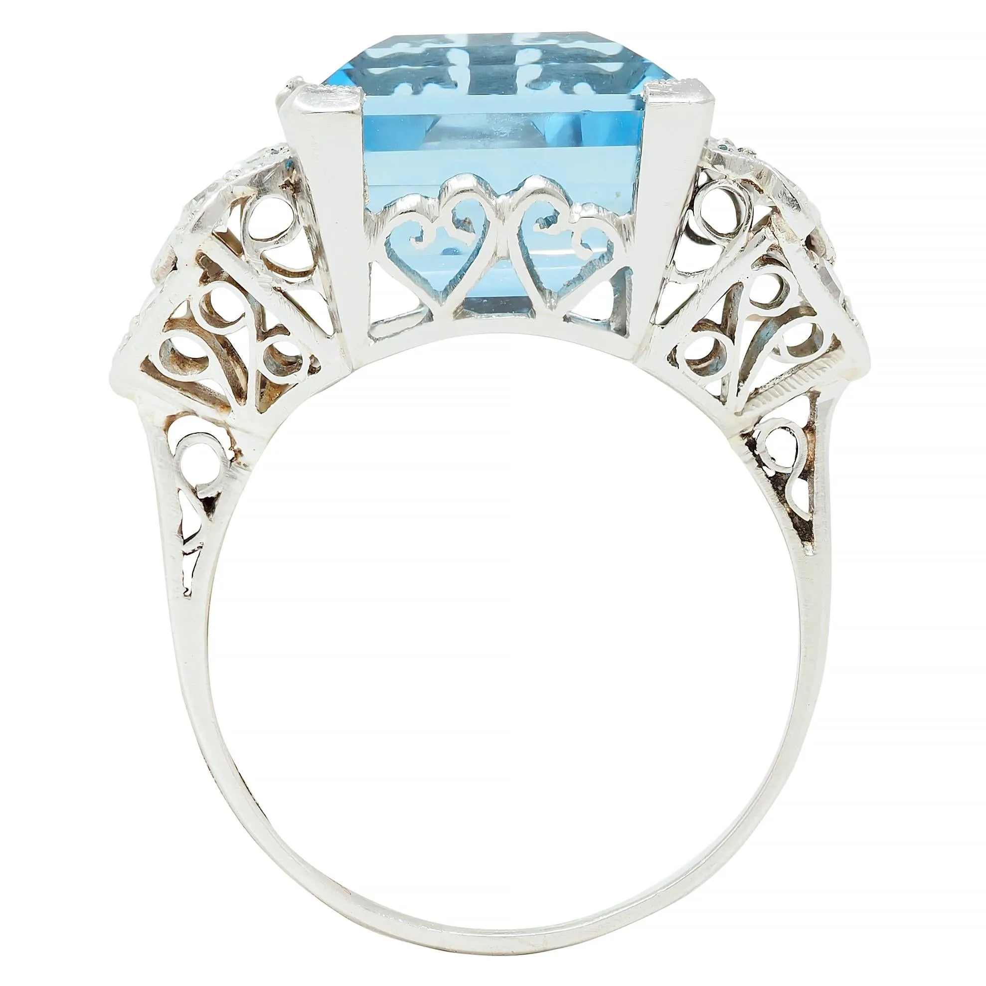 Art Deco 9.01 CTW Step Cut Aquamarine Diamond Platinum Vintage Heart Cocktail Ring