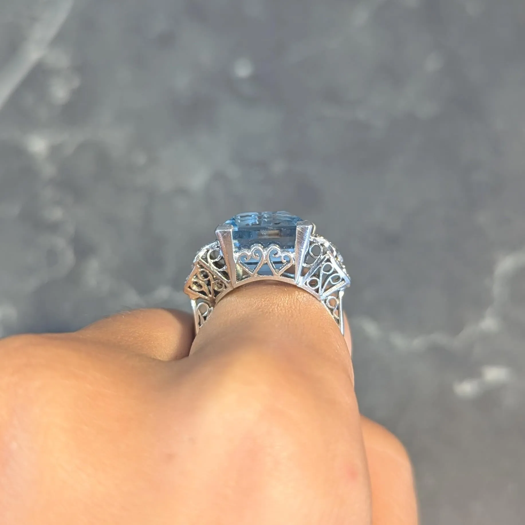 Art Deco 9.01 CTW Step Cut Aquamarine Diamond Platinum Vintage Heart Cocktail Ring