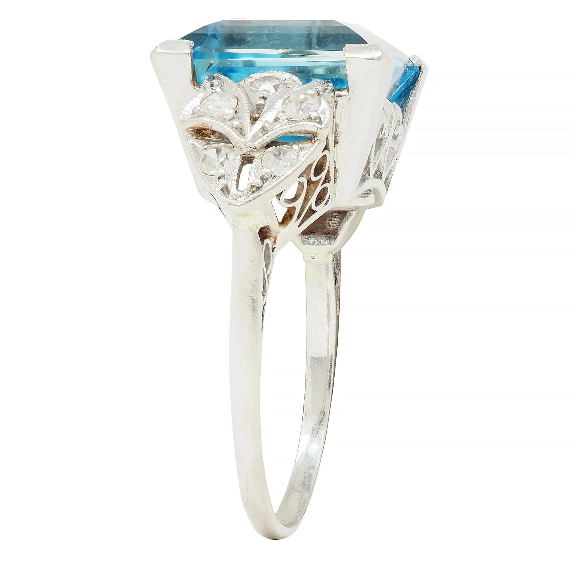 Art Deco 9.01 CTW Step Cut Aquamarine Diamond Platinum Vintage Heart Cocktail Ring