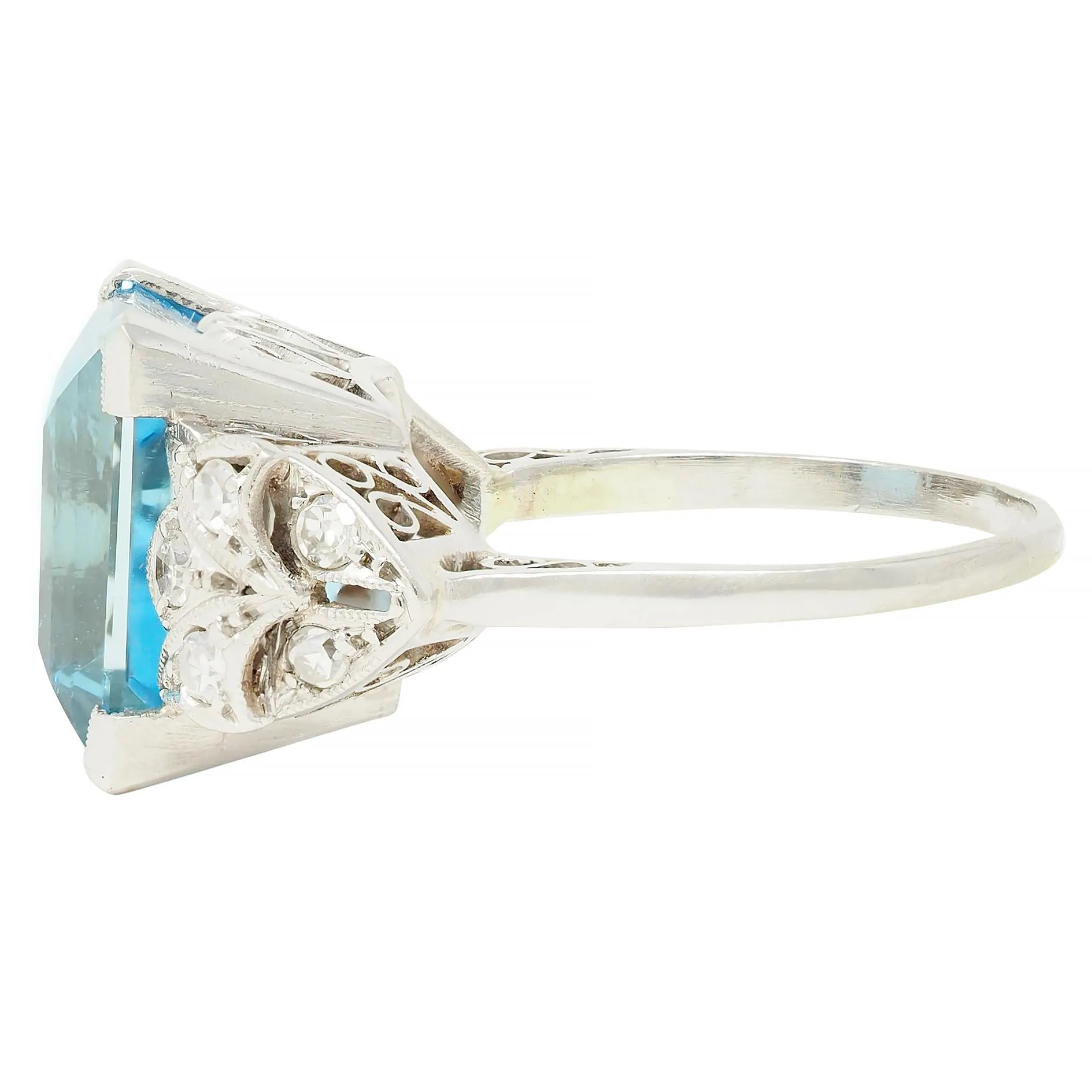 Art Deco 9.01 CTW Step Cut Aquamarine Diamond Platinum Vintage Heart Cocktail Ring