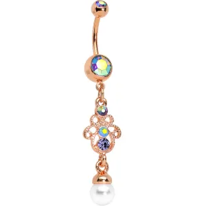 Aurora Gem Faux Pearl Rose Gold Anodized Hamsa Dangle Belly Ring