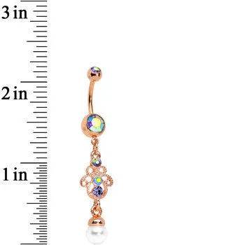 Aurora Gem Faux Pearl Rose Gold Anodized Hamsa Dangle Belly Ring
