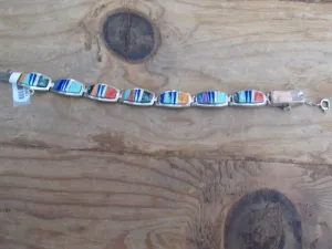 Authentic Handcrafted Navajo Sterling Silver Multi-Stone Inlay Link Bracelet
