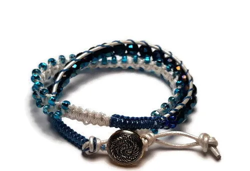 Beaded wrap macrame bracelet, double leather wrap, Royal blue petunia bracelet