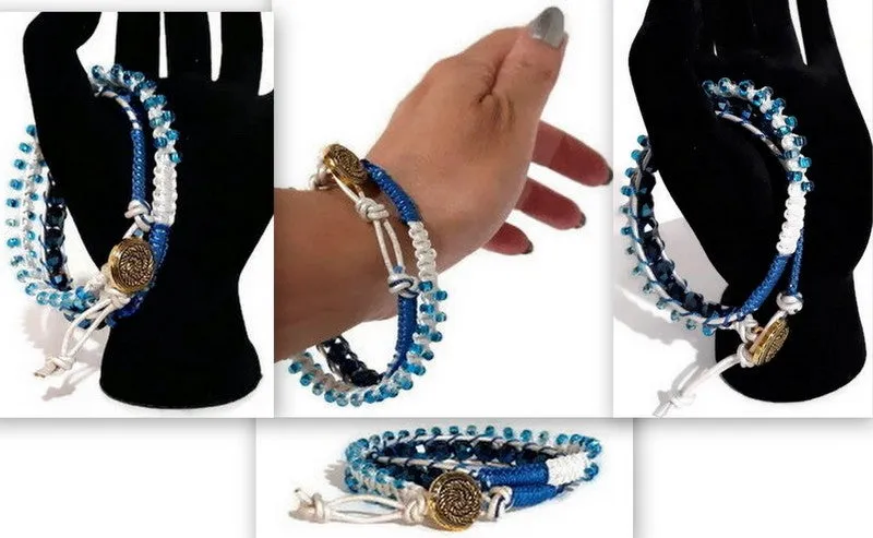 Beaded wrap macrame bracelet, double leather wrap, Royal blue petunia bracelet