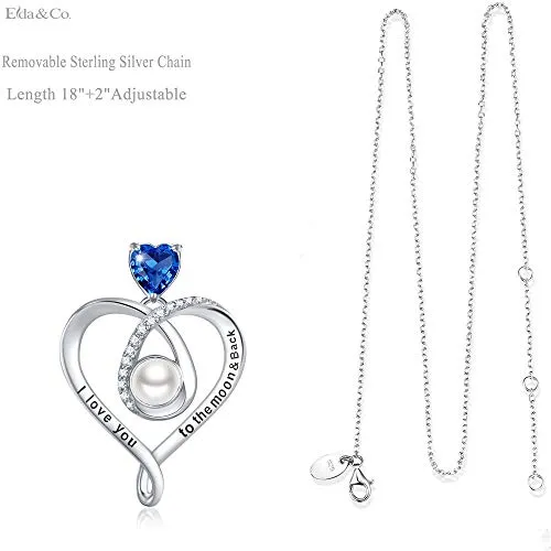 Birthday Gifts for Wife Mom September Birthstone Blue Sapphire Necklace for Her Sterling Silver Love Heart Pearl I Love You to the Moon and Back Jewelry for Women